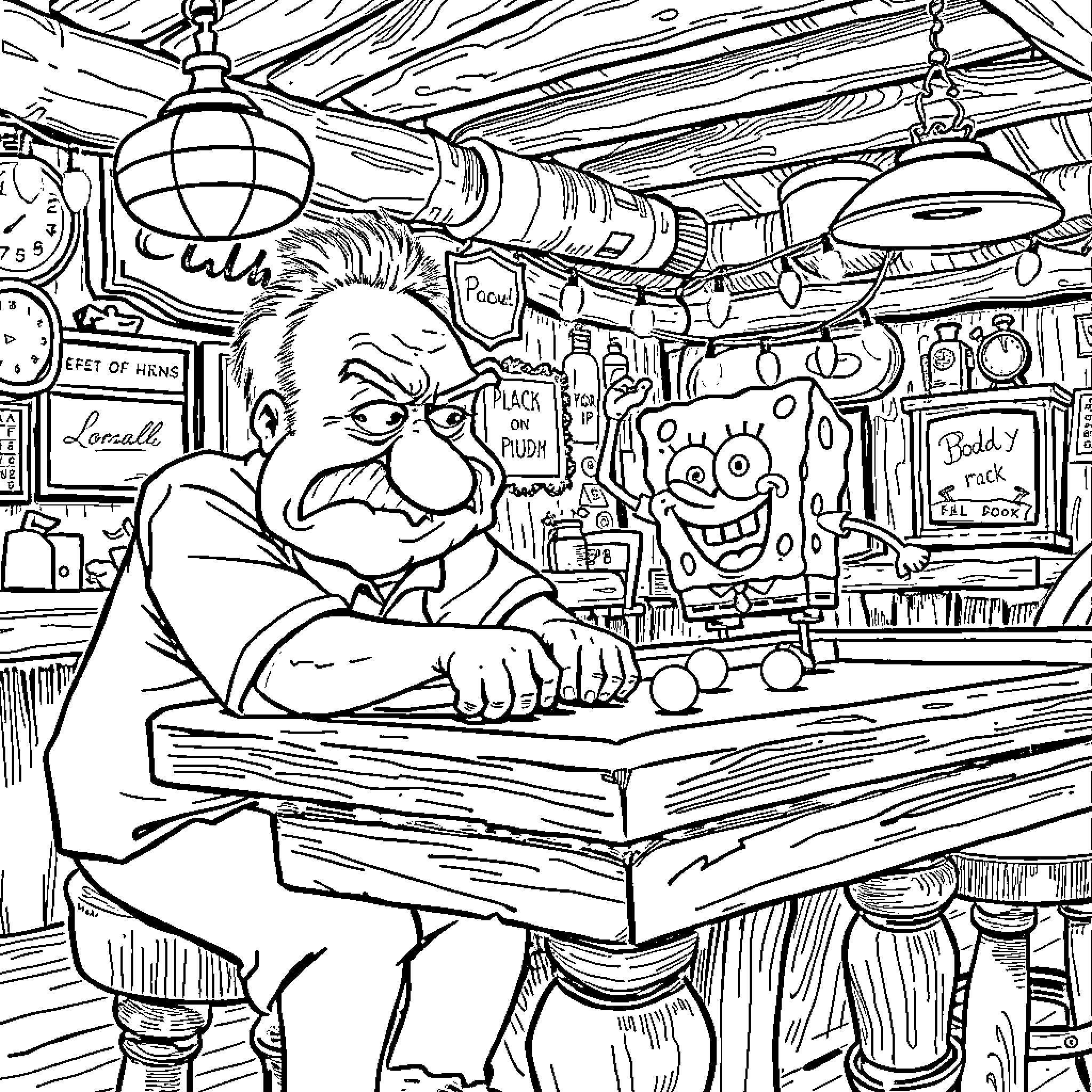 Man working intently at a cluttered desk Coloring Page (free black-and-white line drawing printable PDF for all, from beginners to advanced learners, including children, teens, adults, and seniors)