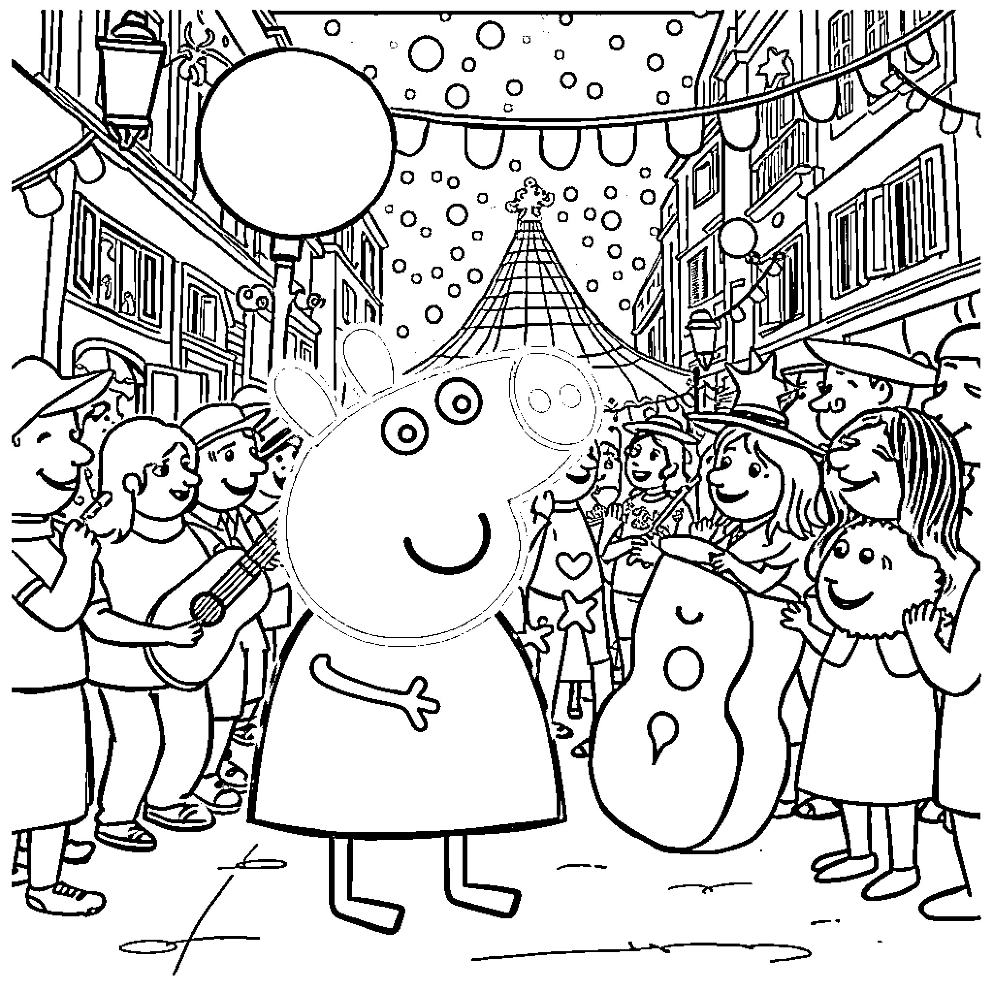 Peppa Pig and friends celebrate a festive occasion Coloring Page (free black-and-white line drawing printable PDF for all, from beginners to advanced learners, including children, teens, adults, and seniors)