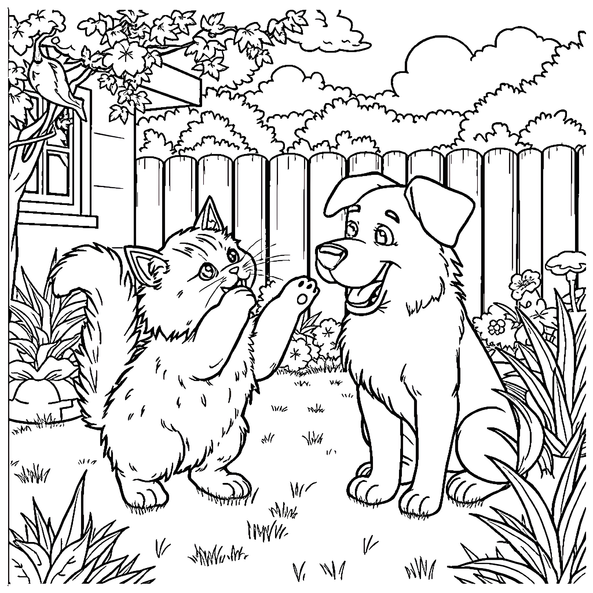 Cat and dog playing in the backyard Coloring Page (free black-and-white line drawing printable PDF for all, from beginners to advanced learners, including children, teens, adults, and seniors)