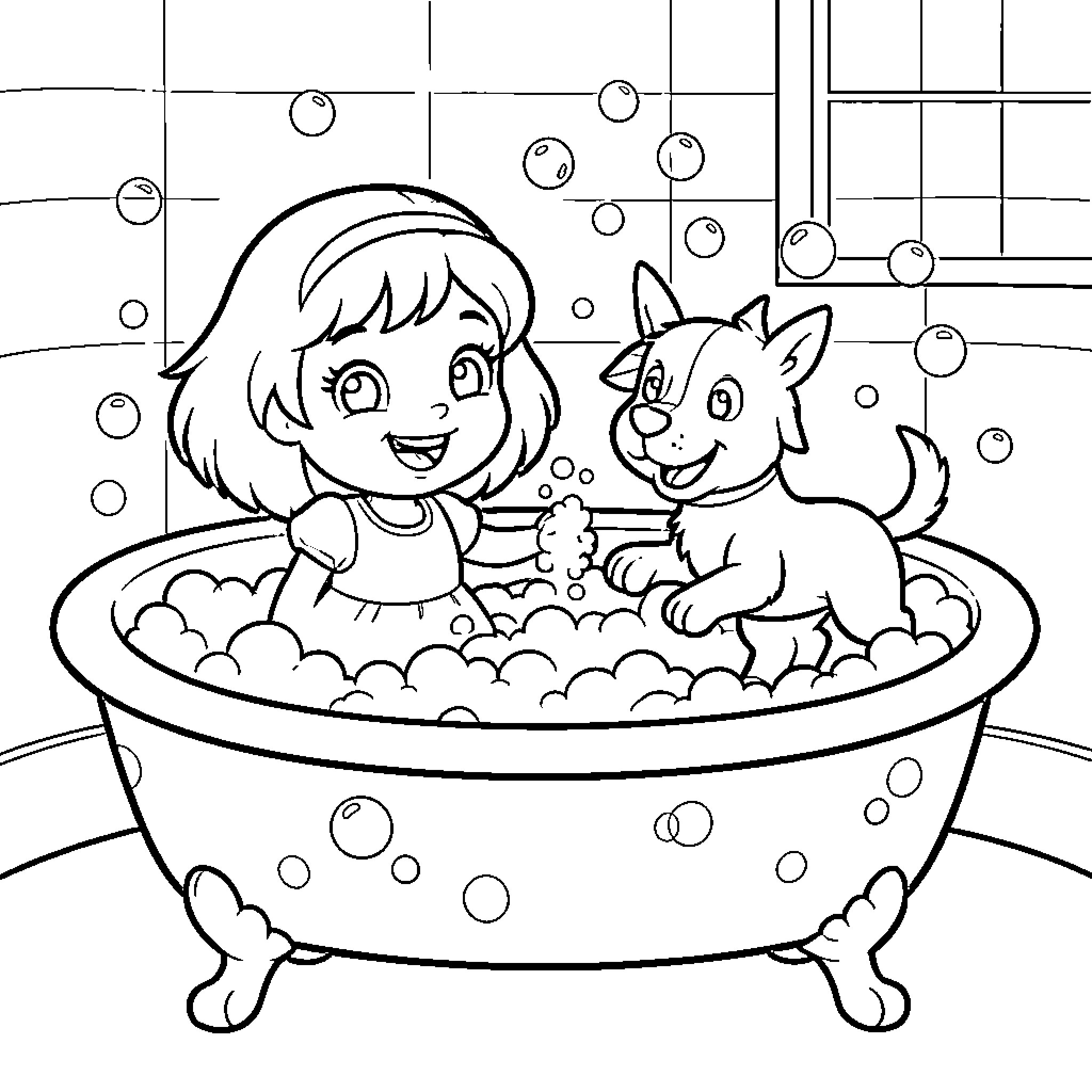 Dora and her pet enjoying a bubbly bath Coloring Page (free black-and-white line drawing printable PDF for all, from beginners to advanced learners, including children, teens, adults, and seniors)