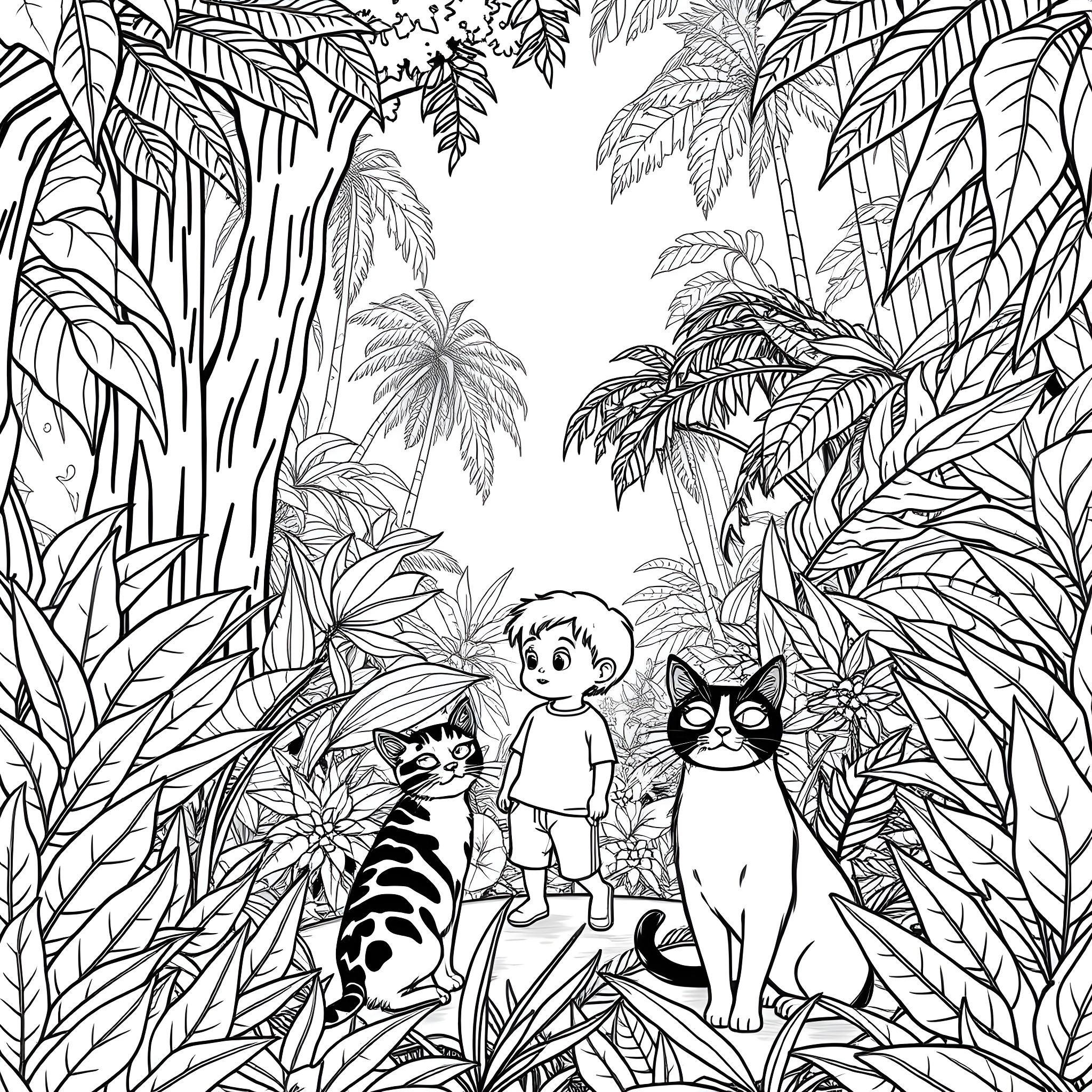 Boy exploring lush tropical forest with animal friends Coloring Page (free black-and-white line drawing printable PDF for all, from beginners to advanced learners, including children, teens, adults, and seniors)