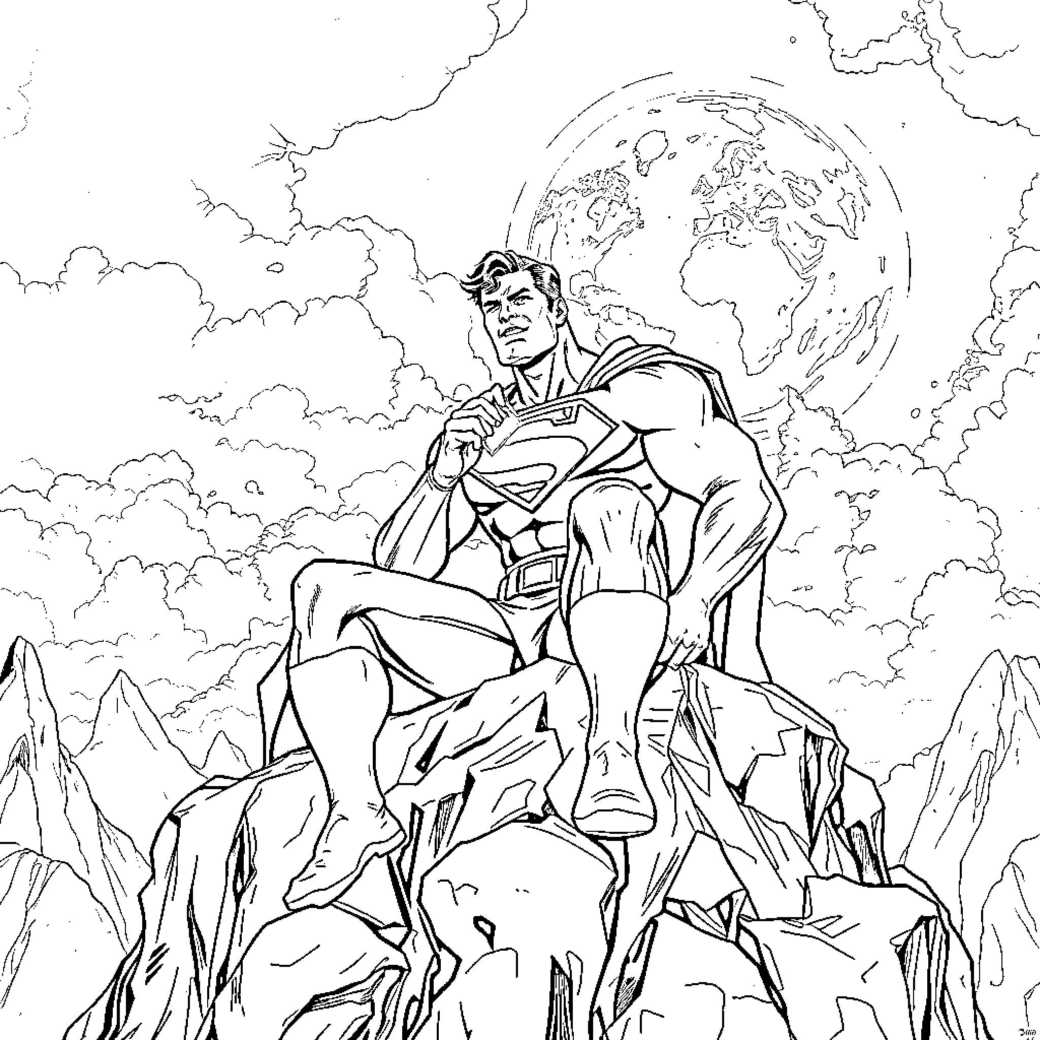 Superman overlooking the world from a mountain peak Coloring Page (free black-and-white line drawing printable PDF for all, from beginners to advanced learners, including children, teens, adults, and seniors)