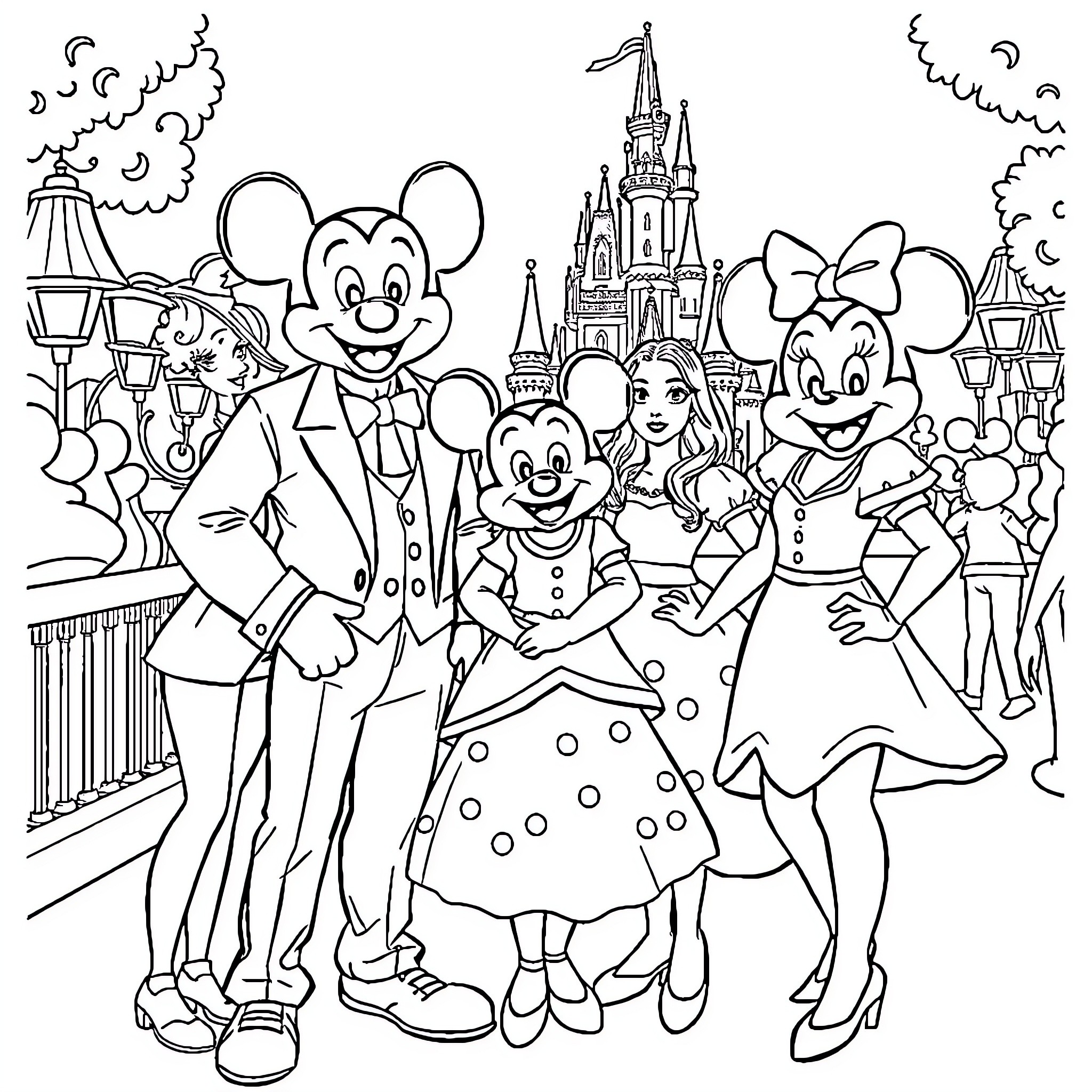 Disney Characters in Formal Attire at Castle Coloring Page (free black-and-white line drawing printable PDF for all, from beginners to advanced learners, including children, teens, adults, and seniors)