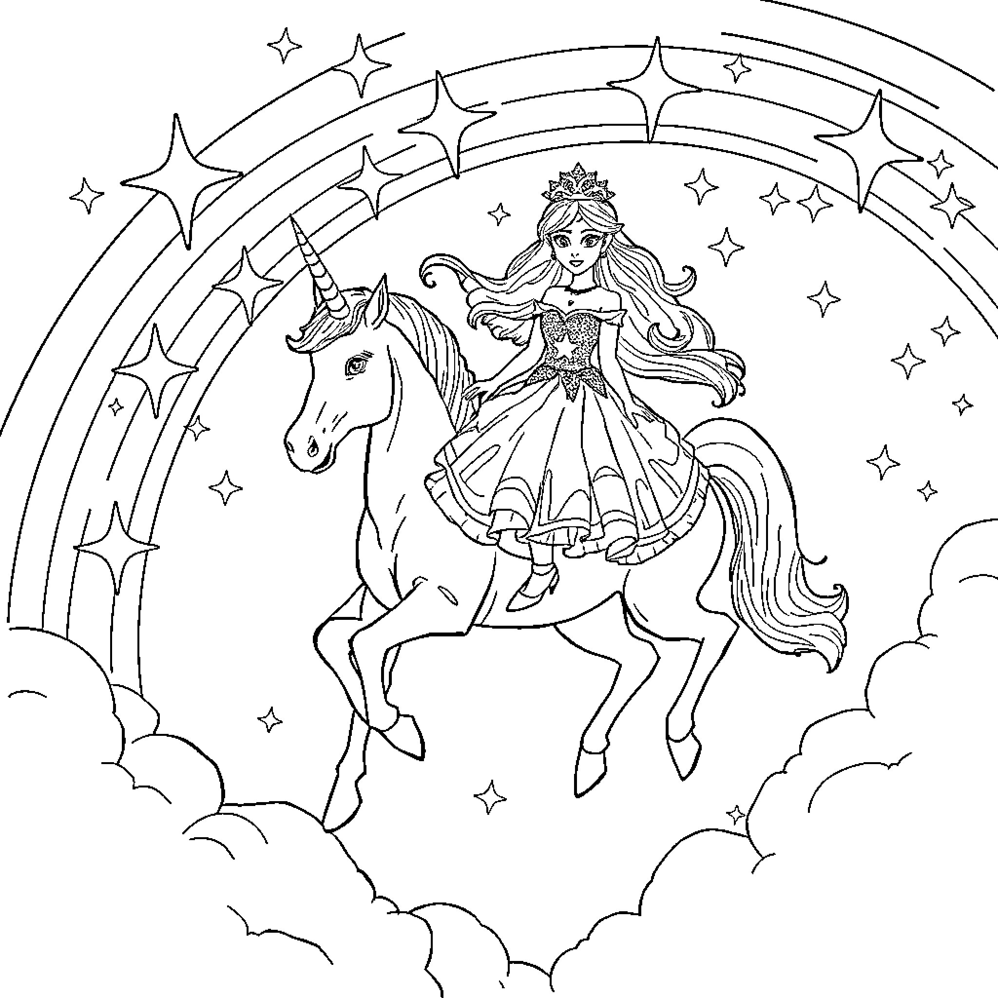 Princess riding a unicorn in a starry night sky Coloring Page (free black-and-white line drawing printable PDF for all, from beginners to advanced learners, including children, teens, adults, and seniors)