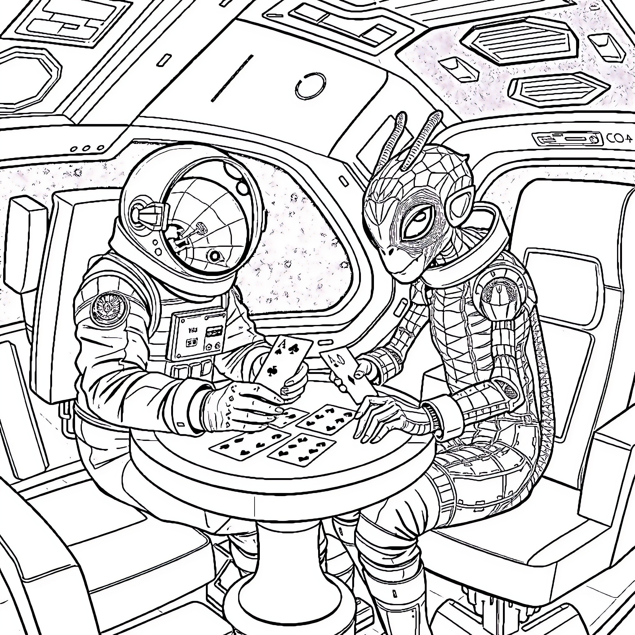 Spaceman and alien playing board game in spacecraft Coloring Page (free black-and-white line drawing printable PDF for all, from beginners to advanced learners, including children, teens, adults, and seniors)