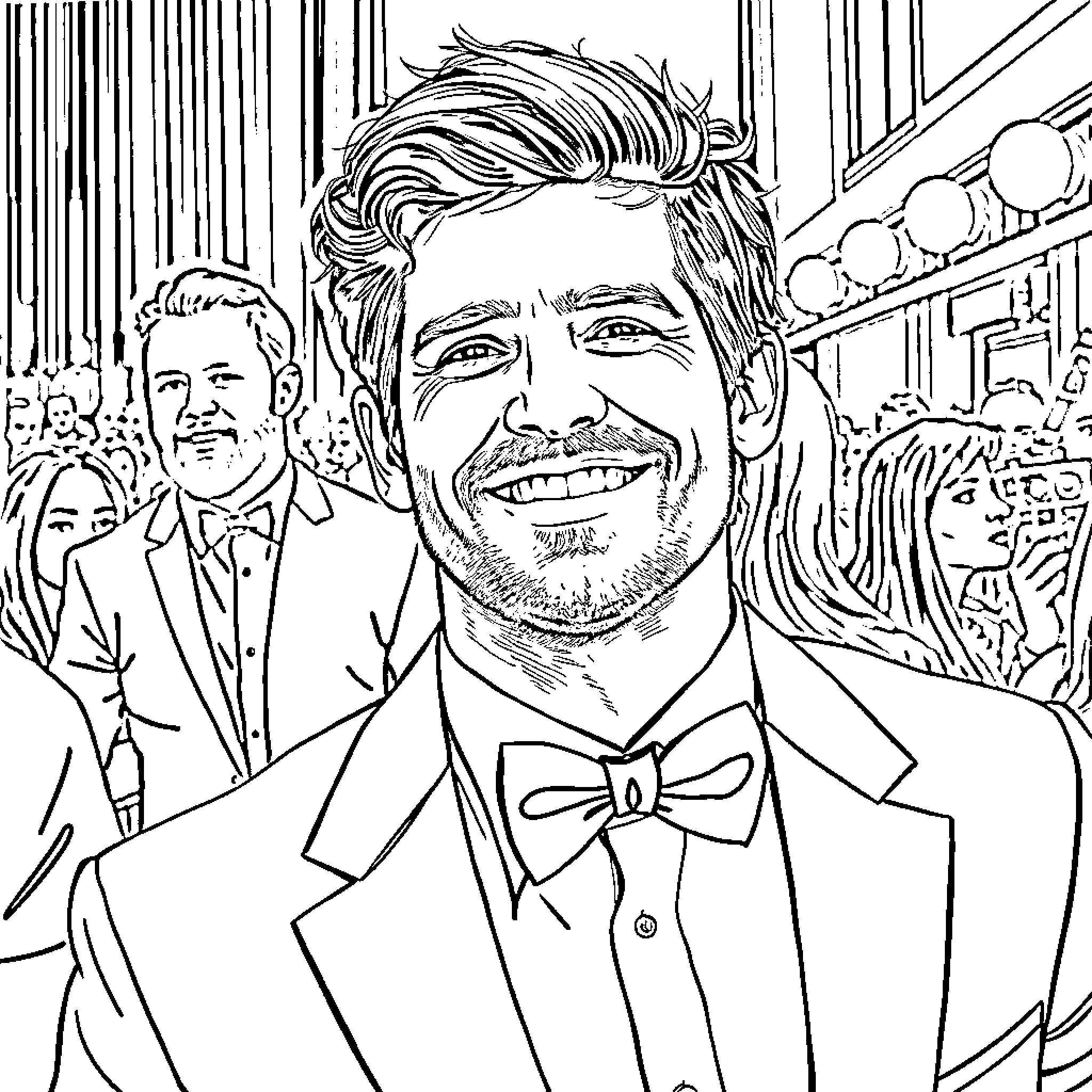 Pedro Pascal Dazzling at a Formal Event Coloring Page (free black-and-white line drawing printable PDF for all, from beginners to advanced learners, including children, teens, adults, and seniors)