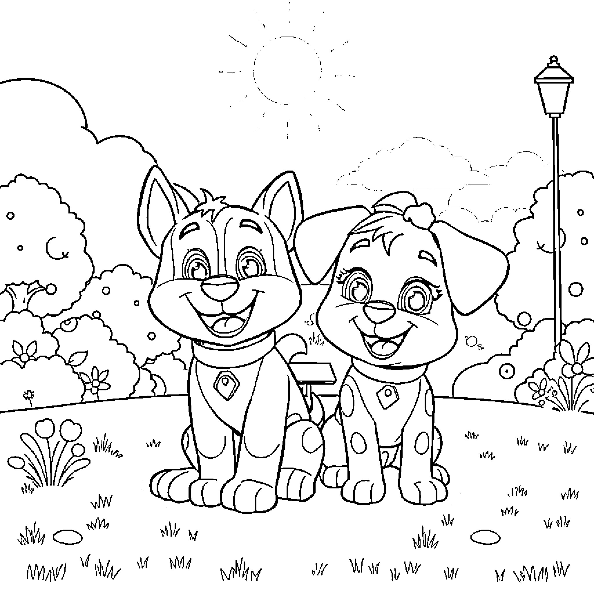 Bluey and Bingo playing happily in the park Coloring Page (free black-and-white line drawing printable PDF for all, from beginners to advanced learners, including children, teens, adults, and seniors)