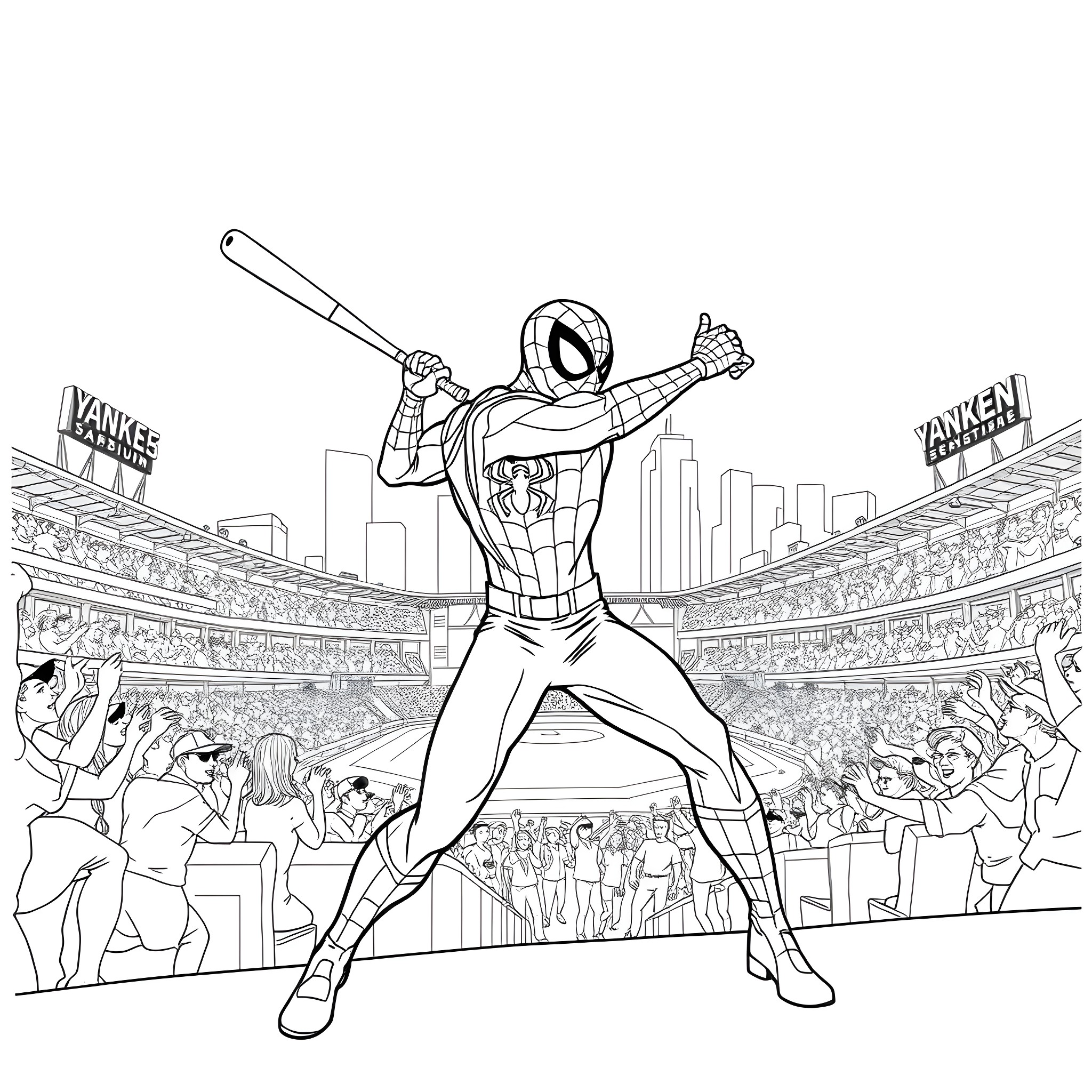 Spiderman swinging into action in the stadium Coloring Page (free black-and-white line drawing printable PDF for all, from beginners to advanced learners, including children, teens, adults, and seniors)