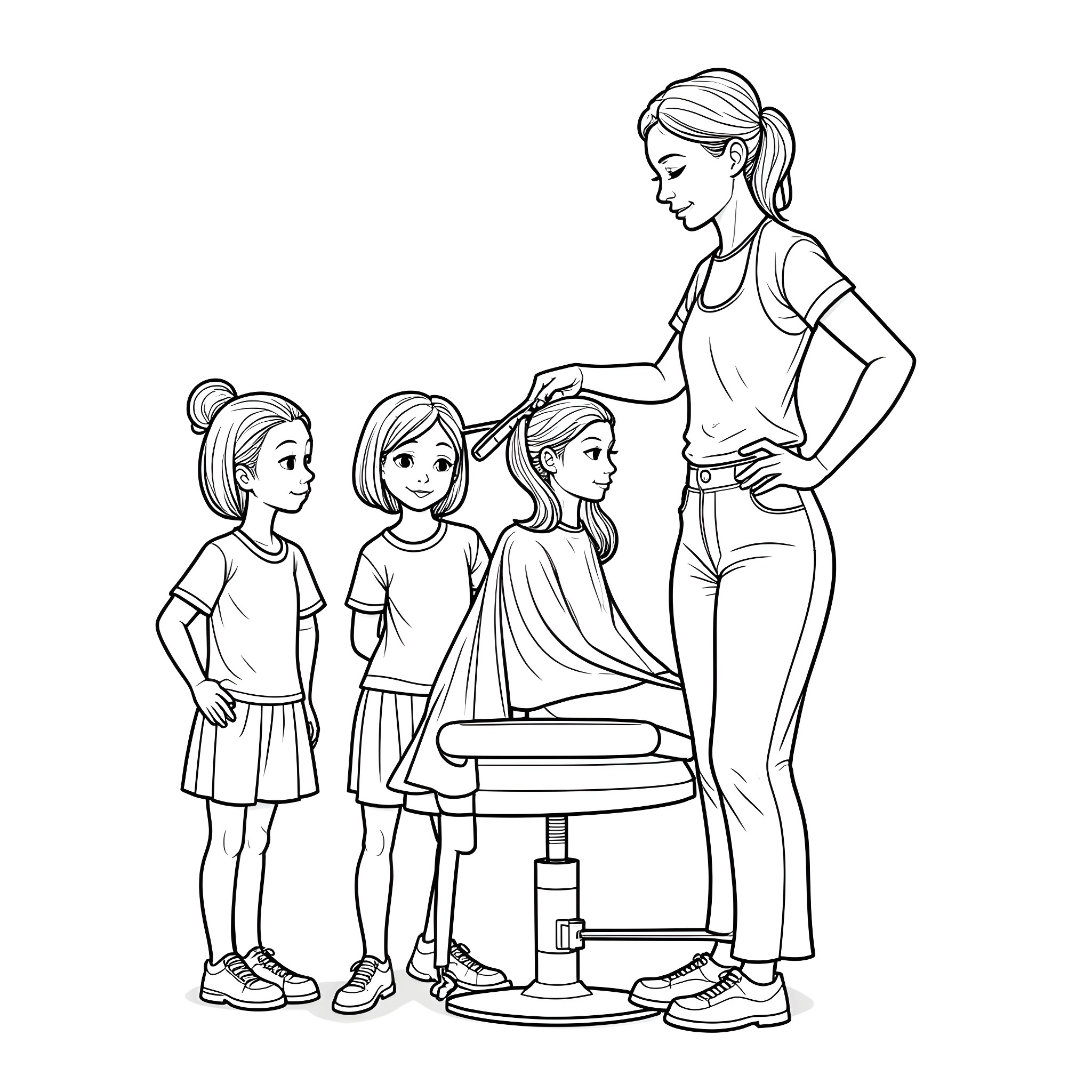 Woman helping young girls with hair styling Coloring Page (free black-and-white line drawing printable PDF for all, from beginners to advanced learners, including children, teens, adults, and seniors)