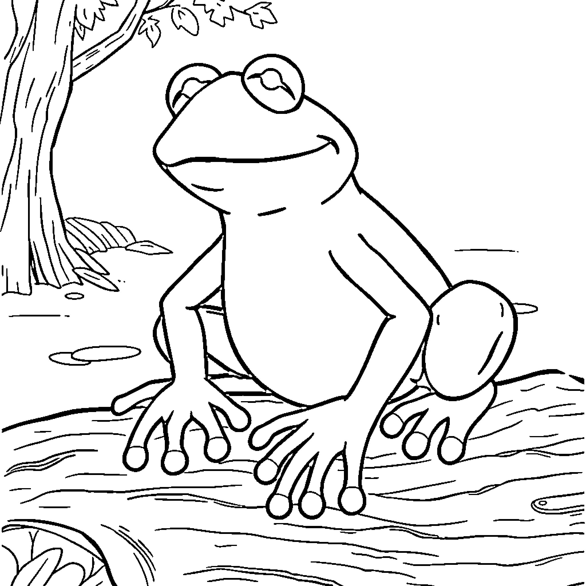 Kermit the Frog resting in the forest Coloring Page (free black-and-white line drawing printable PDF for all, from beginners to advanced learners, including children, teens, adults, and seniors)