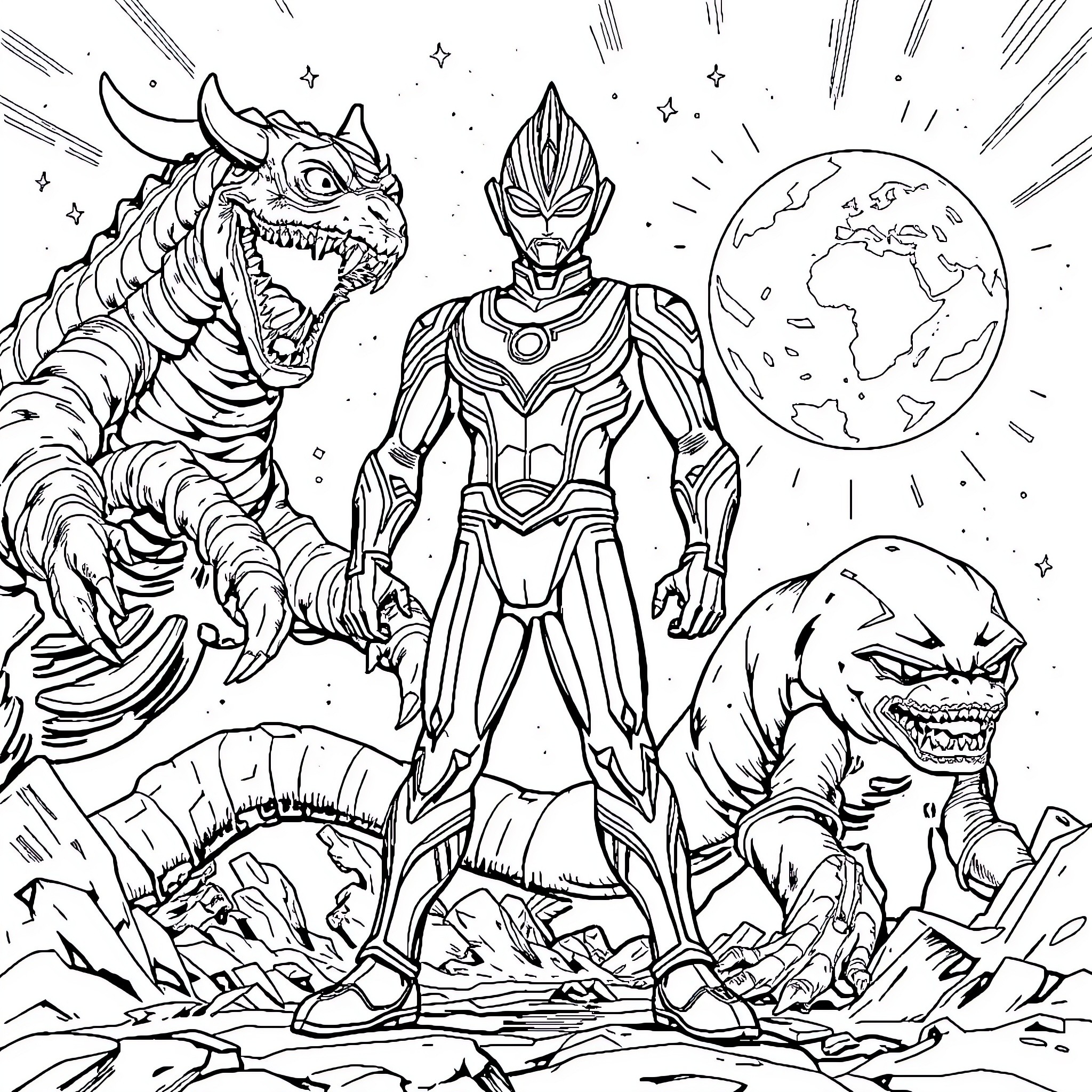 Ultraman Battles Monstrous Foes in Cosmic Showdown Coloring Page (free black-and-white line drawing printable PDF for all, from beginners to advanced learners, including children, teens, adults, and seniors)