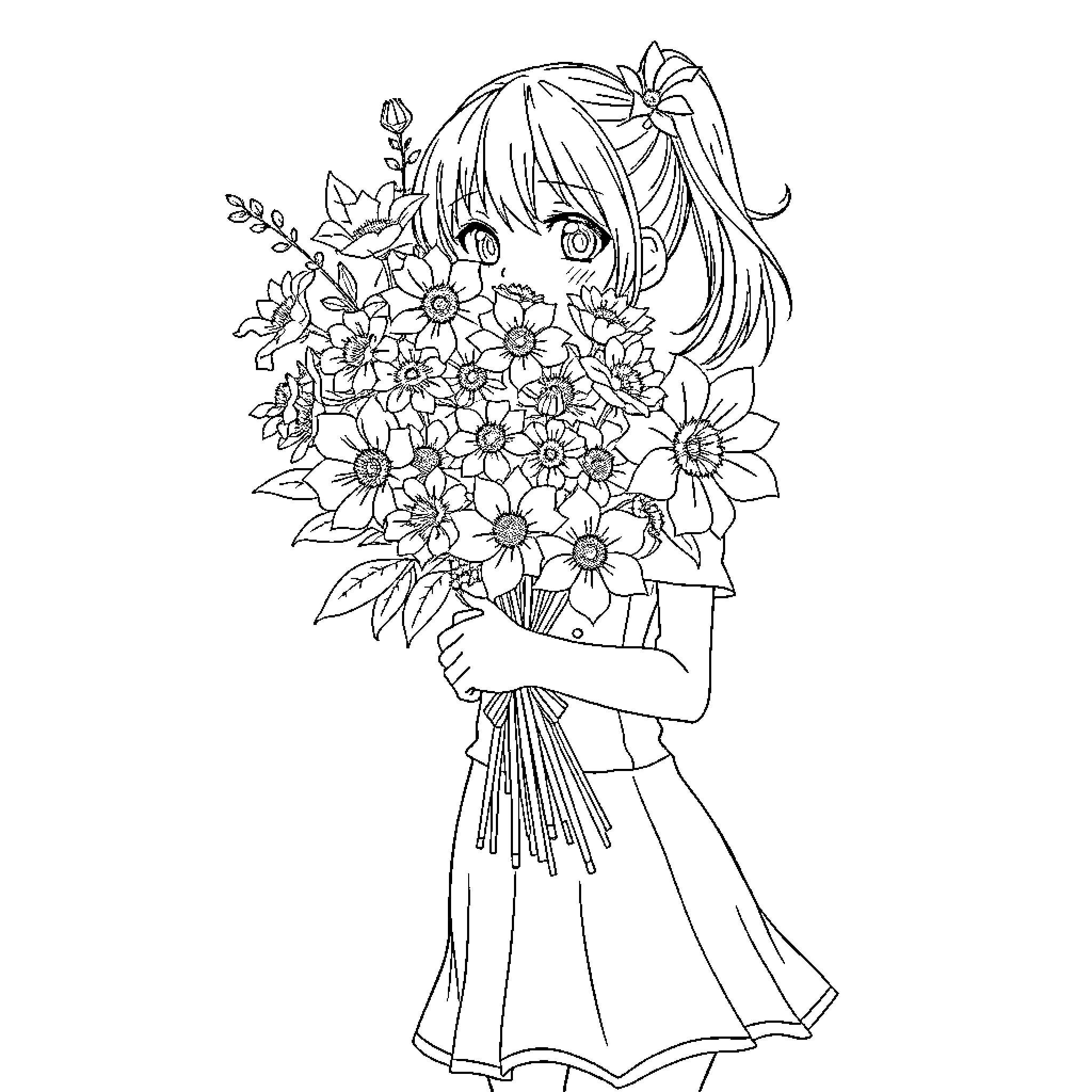 Anime Girl Holding a Bouquet of Flowers Coloring Page (free black-and-white line drawing printable PDF for all, from beginners to advanced learners, including children, teens, adults, and seniors)