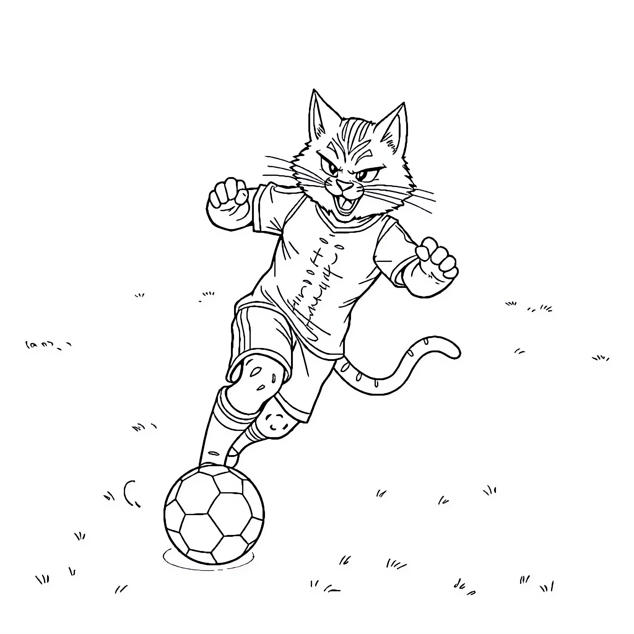 Thunderscat playing soccer with enthusiasm Coloring Page (free black-and-white line drawing printable PDF for all, from beginners to advanced learners, including children, teens, adults, and seniors)