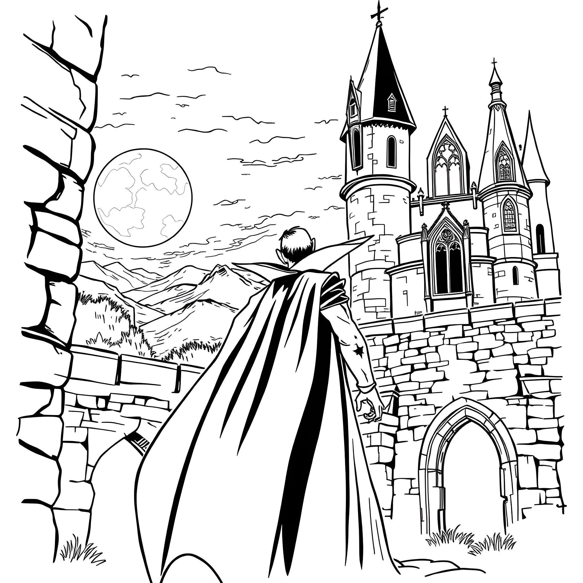 Dracula's Haunting Castle under the Moonlight Coloring Page (free black-and-white line drawing printable PDF for all, from beginners to advanced learners, including children, teens, adults, and seniors)