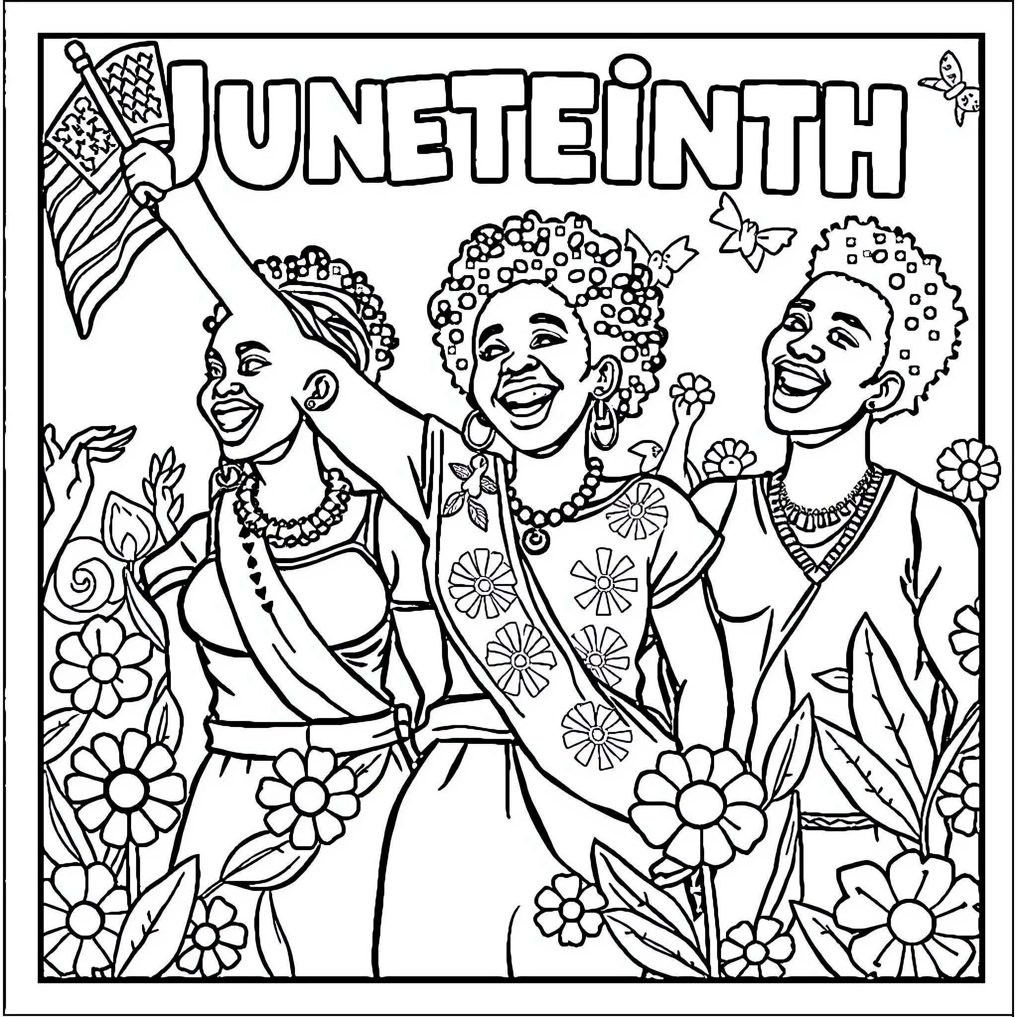 Kids celebrating Juneteenth with joy and pride Coloring Page (free black-and-white line drawing printable PDF for all, from beginners to advanced learners, including children, teens, adults, and seniors)