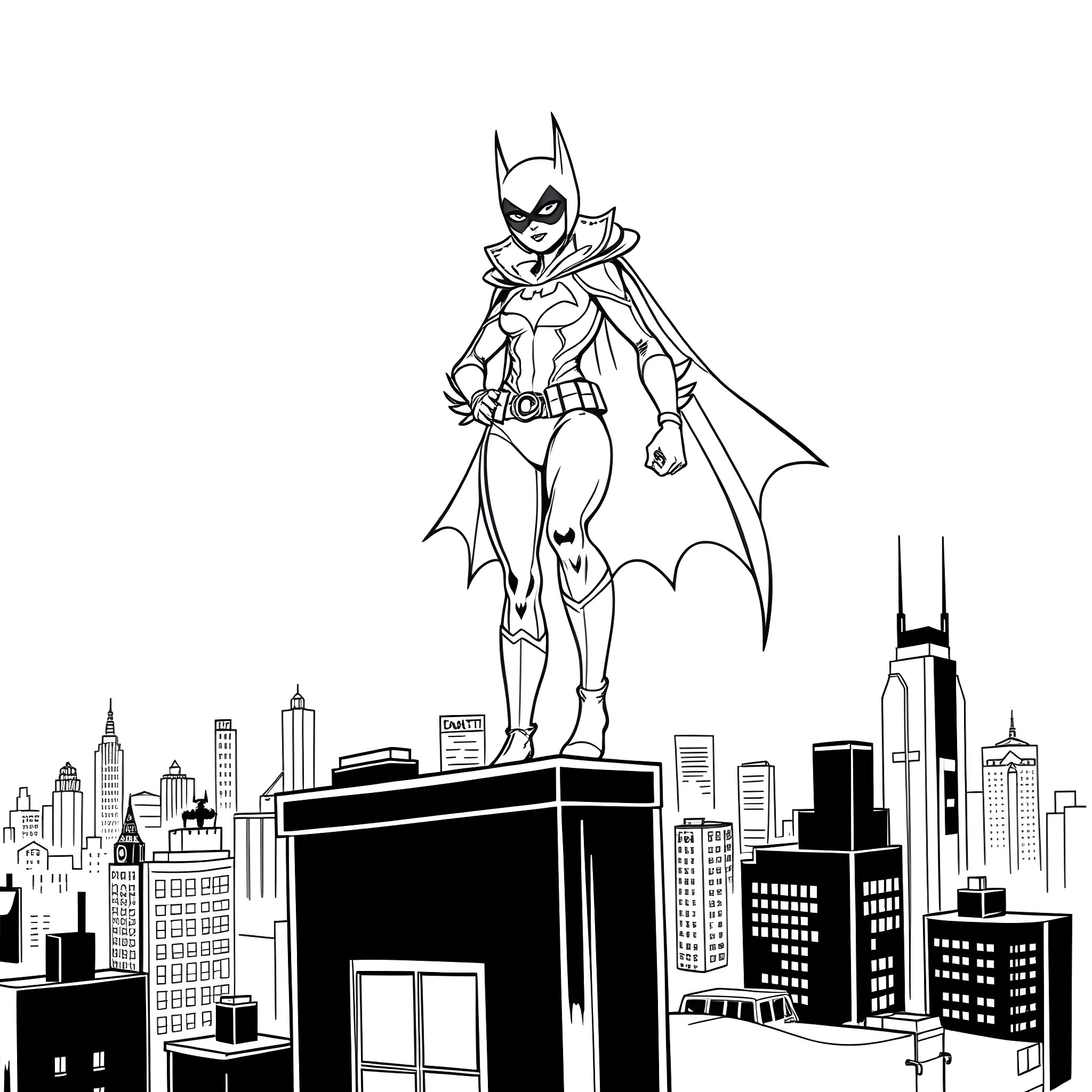 Batgirl stands strong in the city skyline Coloring Page (free black-and-white line drawing printable PDF for all, from beginners to advanced learners, including children, teens, adults, and seniors)