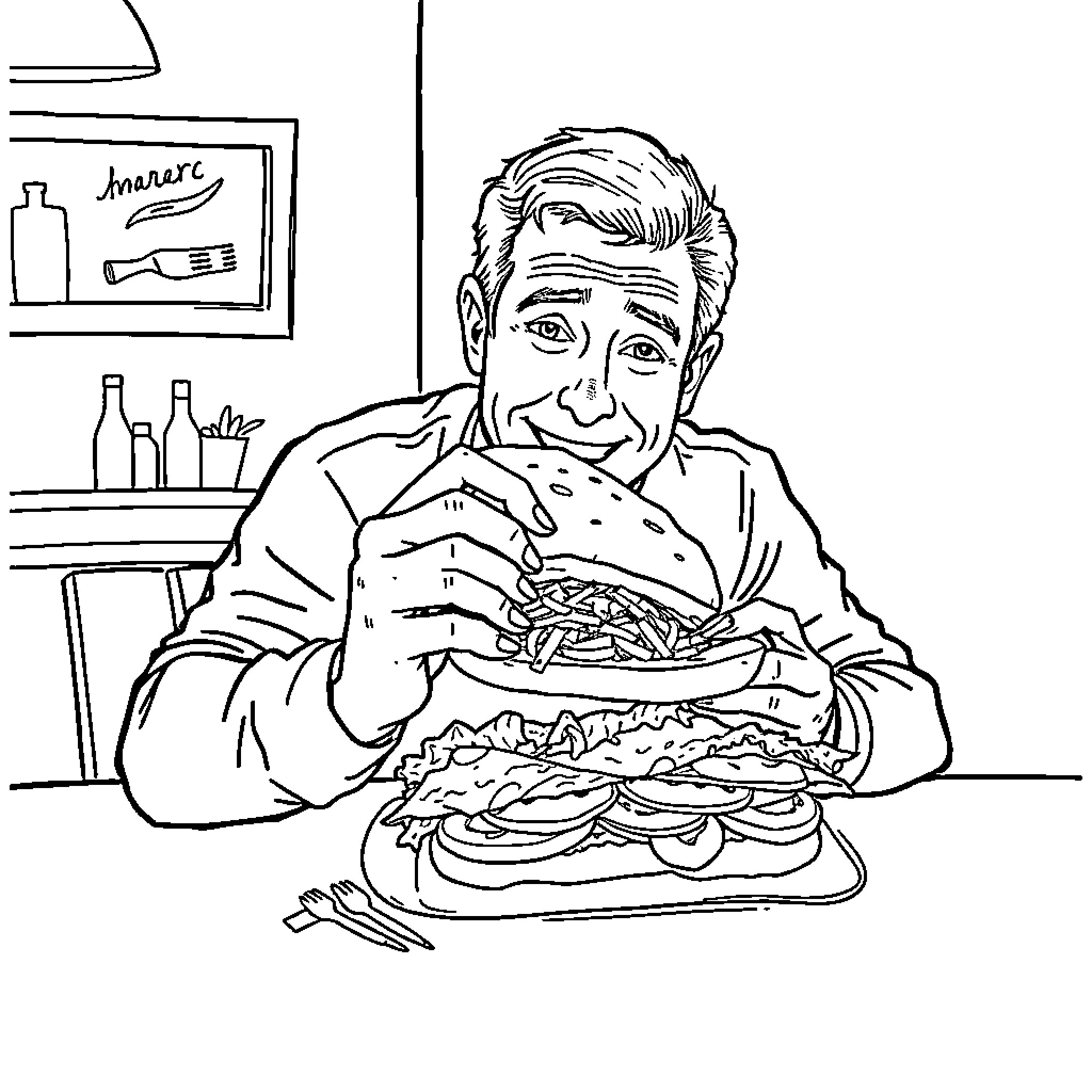 Mark Carney enjoying a hearty meal in a casual setting Coloring Page (free black-and-white line drawing printable PDF for all, from beginners to advanced learners, including children, teens, adults, and seniors)