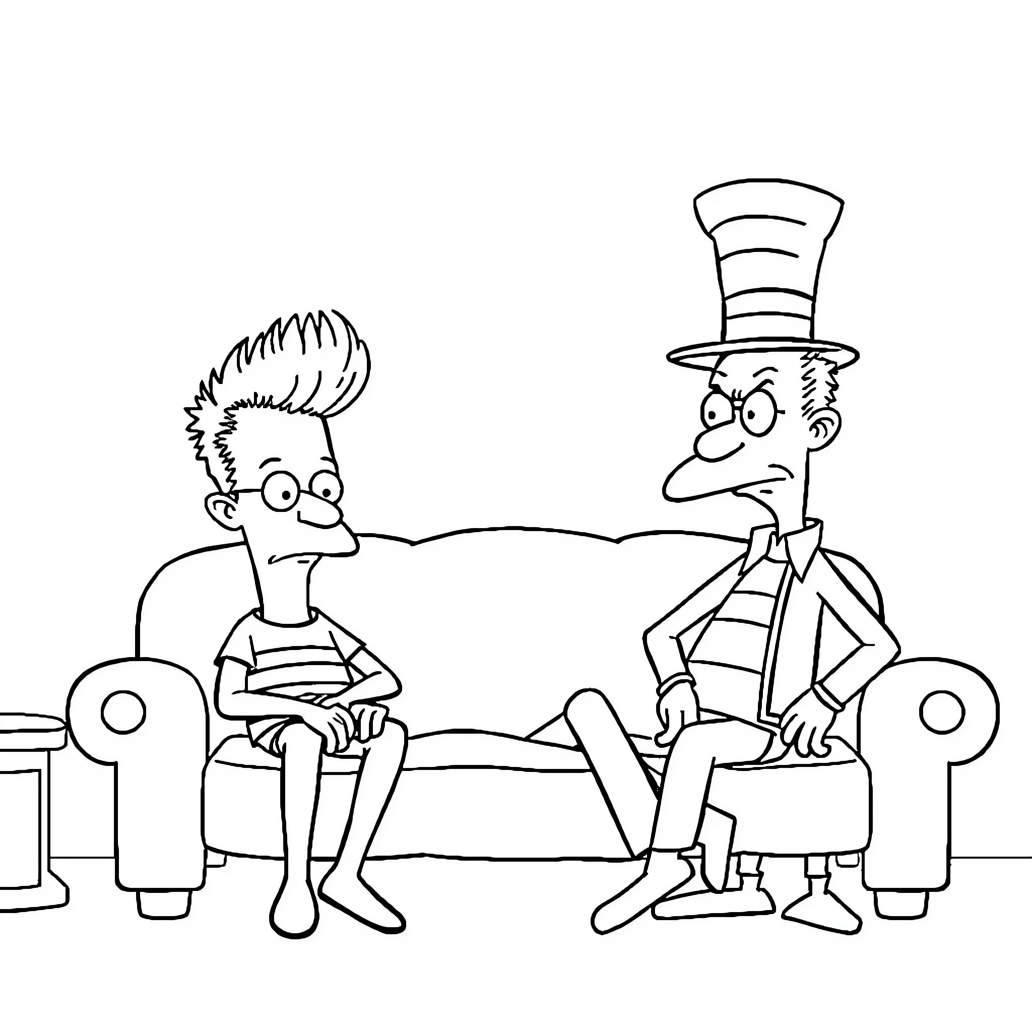 Beavis and Butt-Head lounging on the couch Coloring Page (free black-and-white line drawing printable PDF for all, from beginners to advanced learners, including children, teens, adults, and seniors)