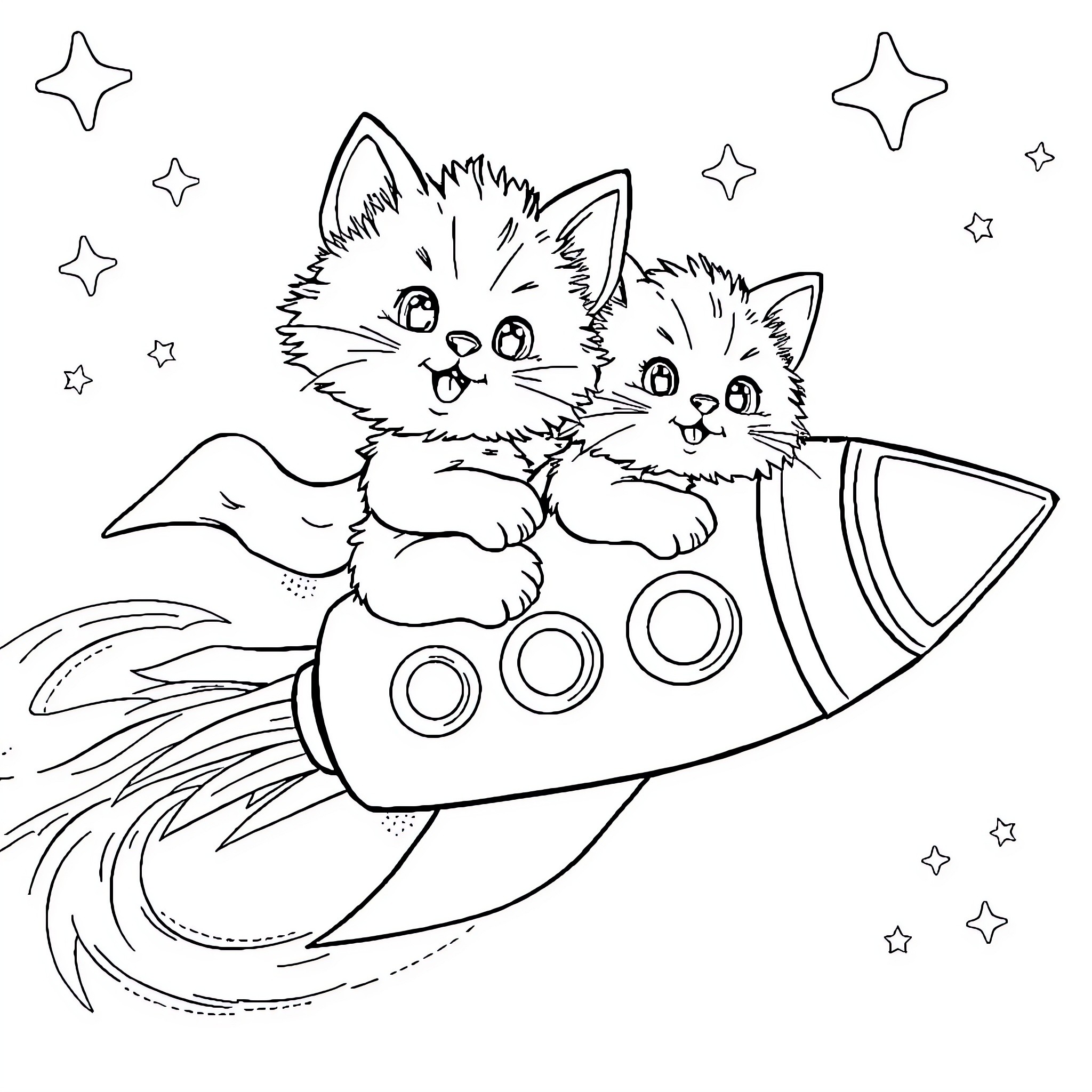 Cat Kittens Riding Rocket Ship in Space Coloring Page (free black-and-white line drawing printable PDF for all, from beginners to advanced learners, including children, teens, adults, and seniors)