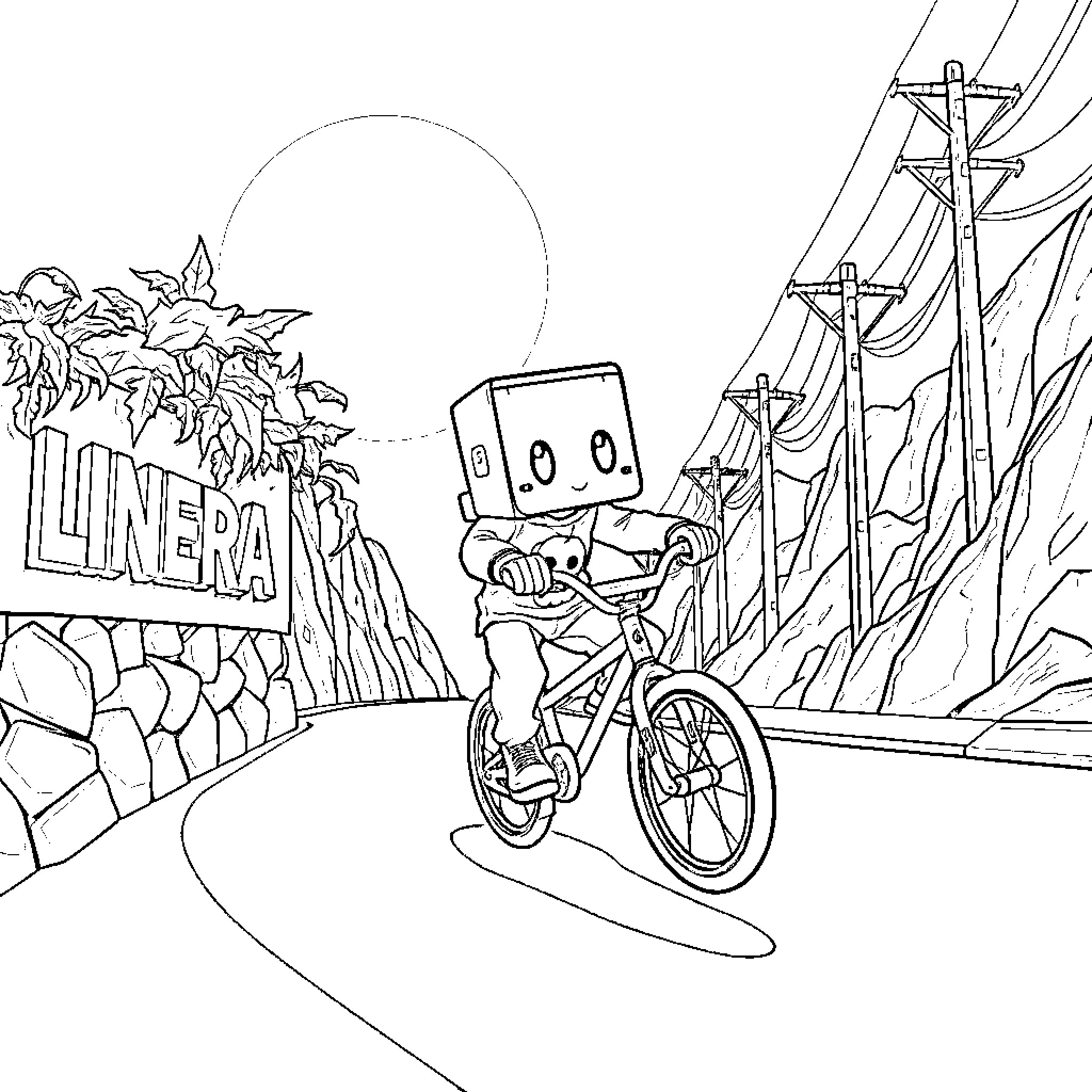 Box-Headed Character Exploring the Outdoors on a Bicycle Coloring Page (free black-and-white line drawing printable PDF for all, from beginners to advanced learners, including children, teens, adults, and seniors)