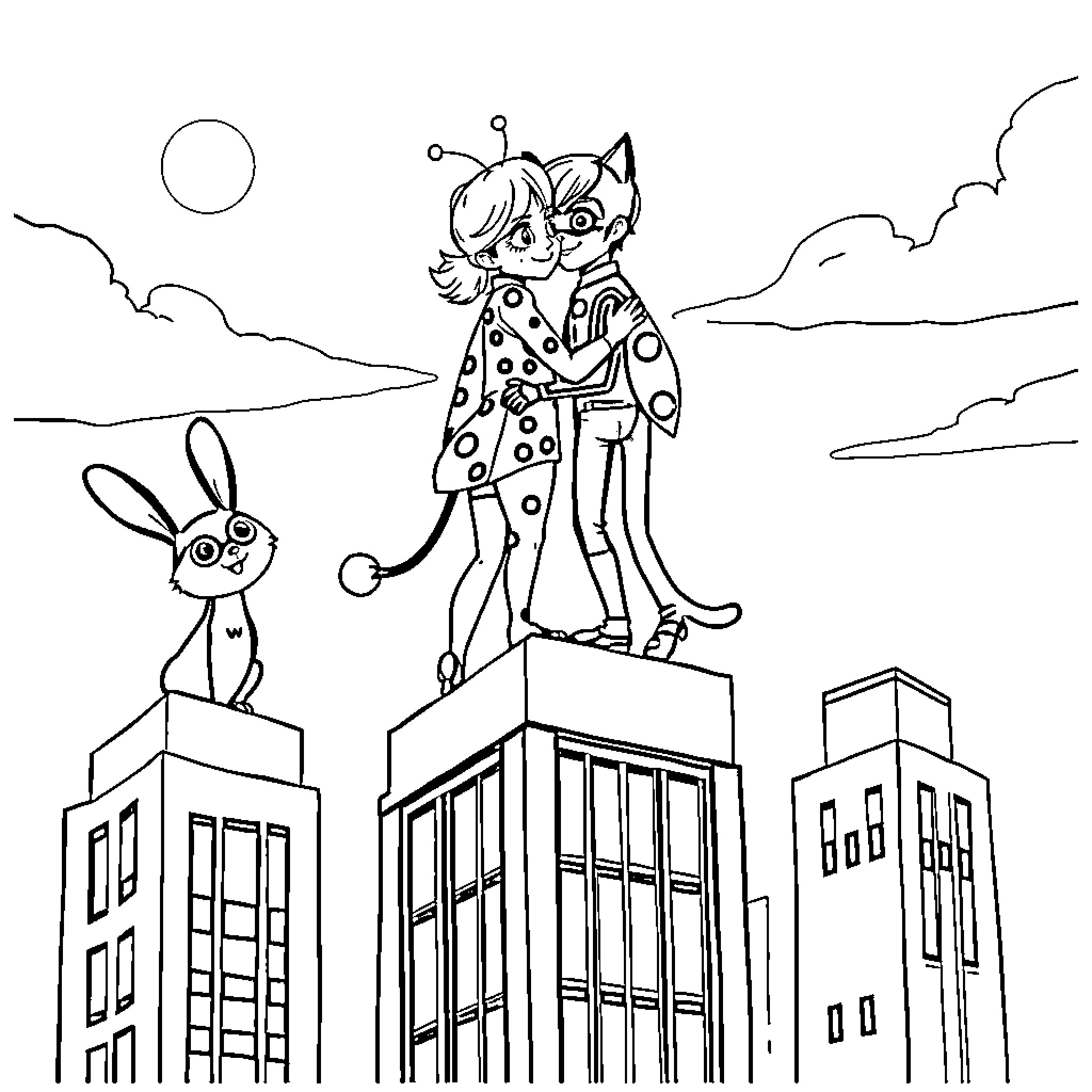 Ladybug-themed superheroes saving the city Coloring Page (free black-and-white line drawing printable PDF for all, from beginners to advanced learners, including children, teens, adults, and seniors)