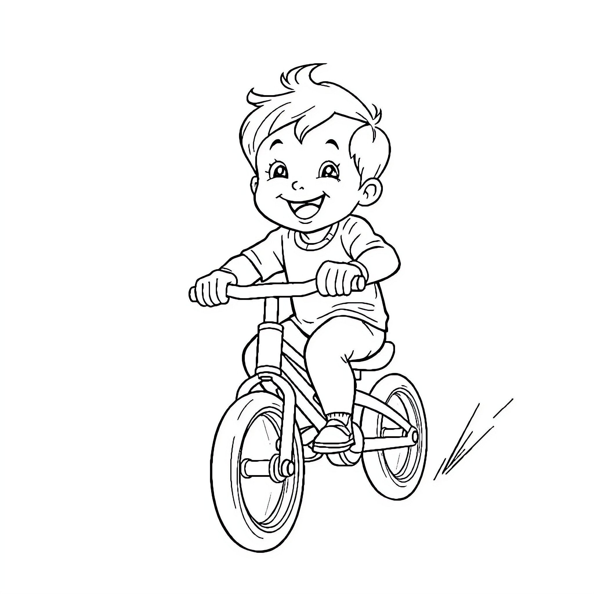 Toddler riding a bicycle happily Coloring Page (free black-and-white line drawing printable PDF for all, from beginners to advanced learners, including children, teens, adults, and seniors)