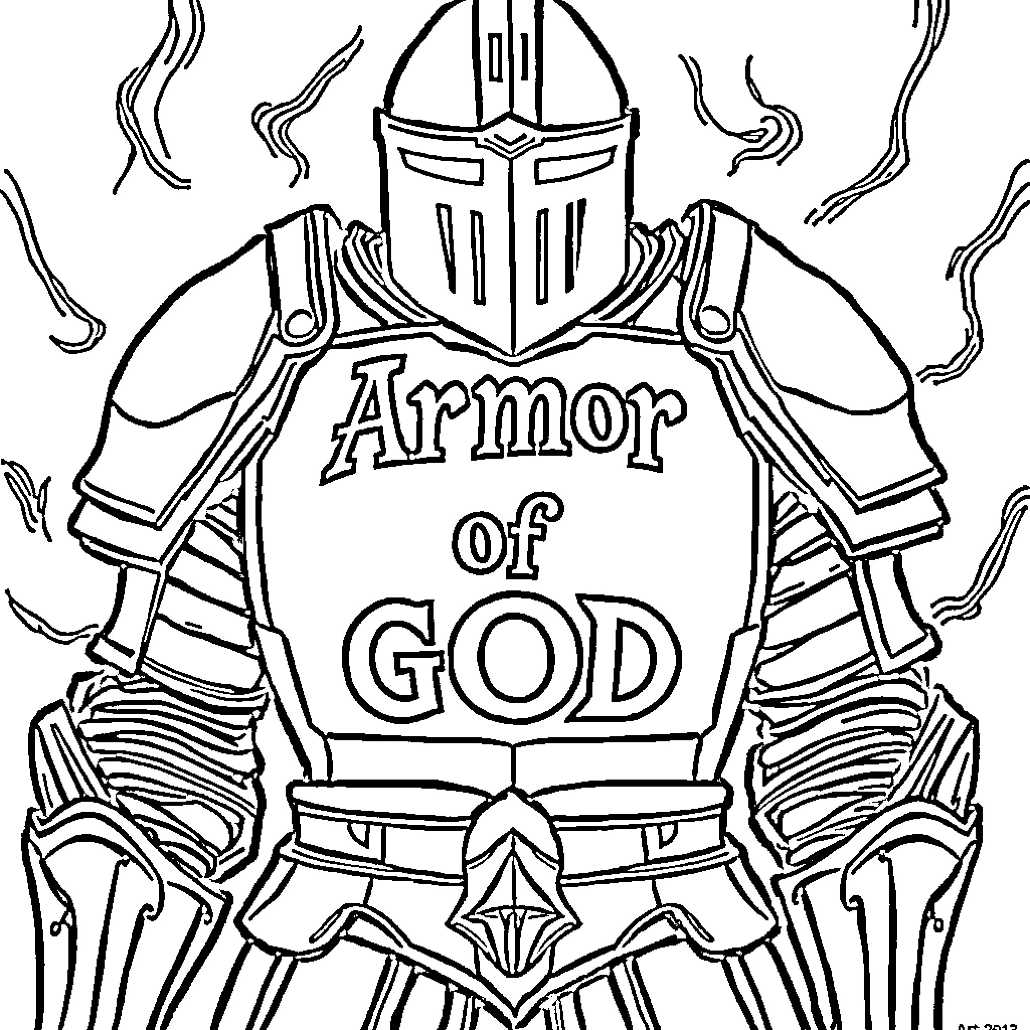 Soldier in full armor with 'Armor of God' inscription Coloring Page (free black-and-white line drawing printable PDF for all, from beginners to advanced learners, including children, teens, adults, and seniors)