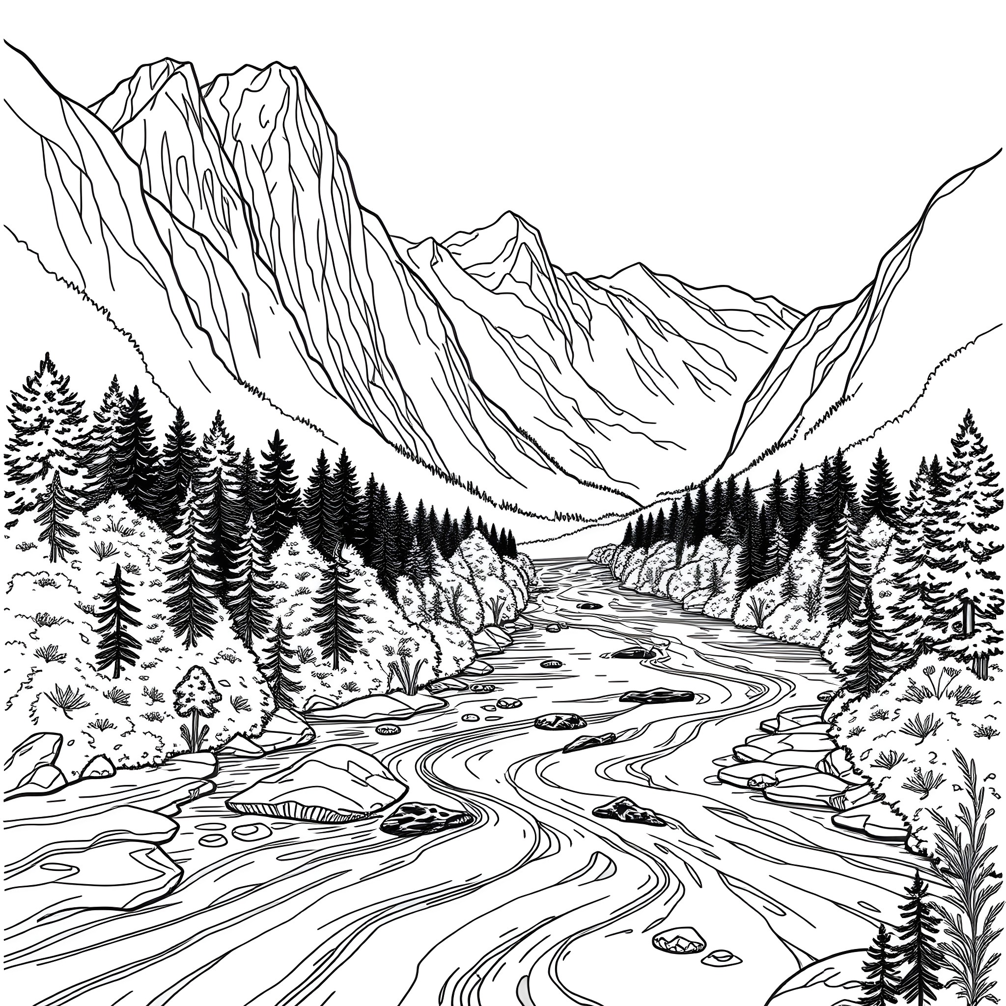River Flowing through Majestic Mountain Landscape Coloring Page (free black-and-white line drawing printable PDF for all, from beginners to advanced learners, including children, teens, adults, and seniors)