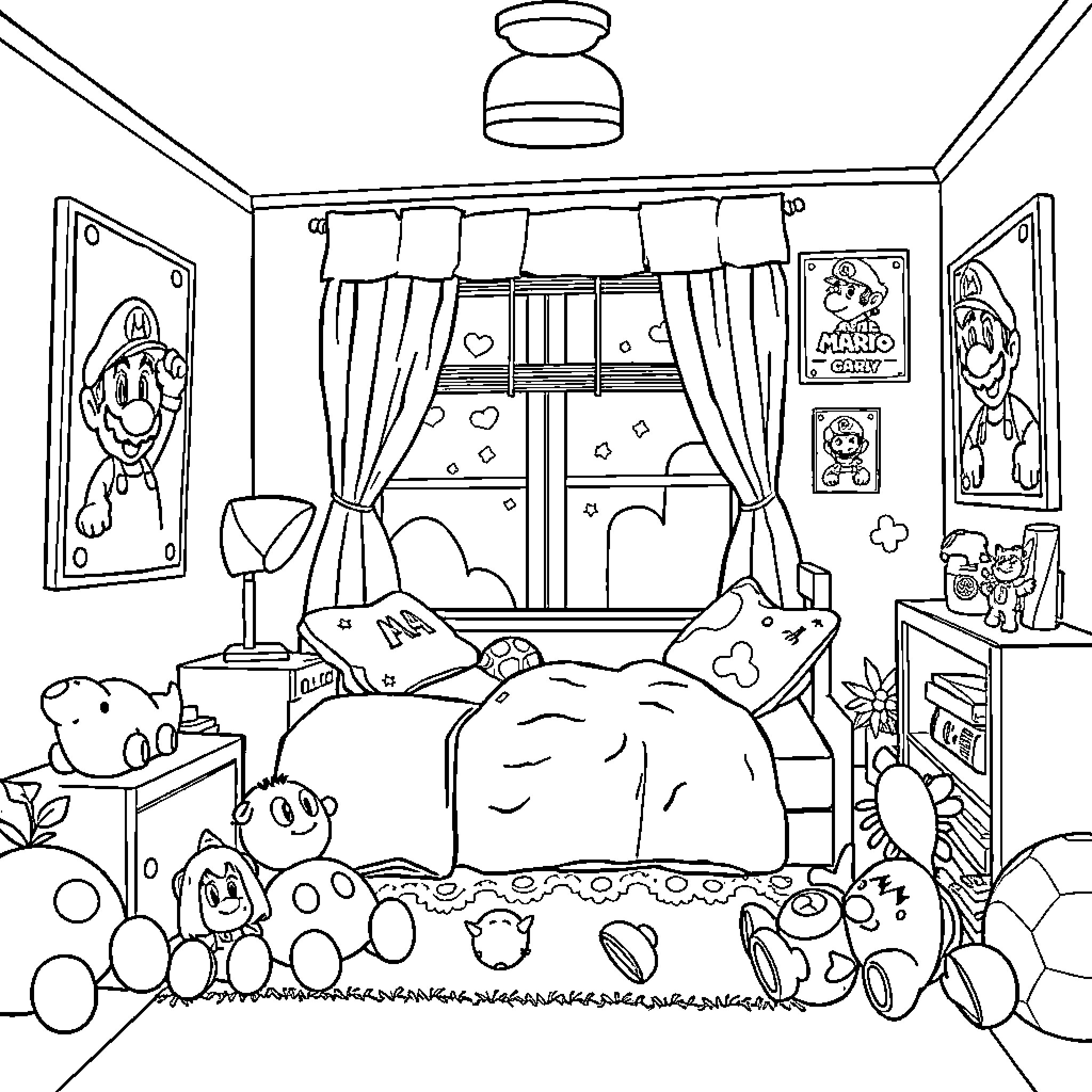 Mario's Cozy Bedroom Filled with Beloved Characters Coloring Page (free black-and-white line drawing printable PDF for all, from beginners to advanced learners, including children, teens, adults, and seniors)