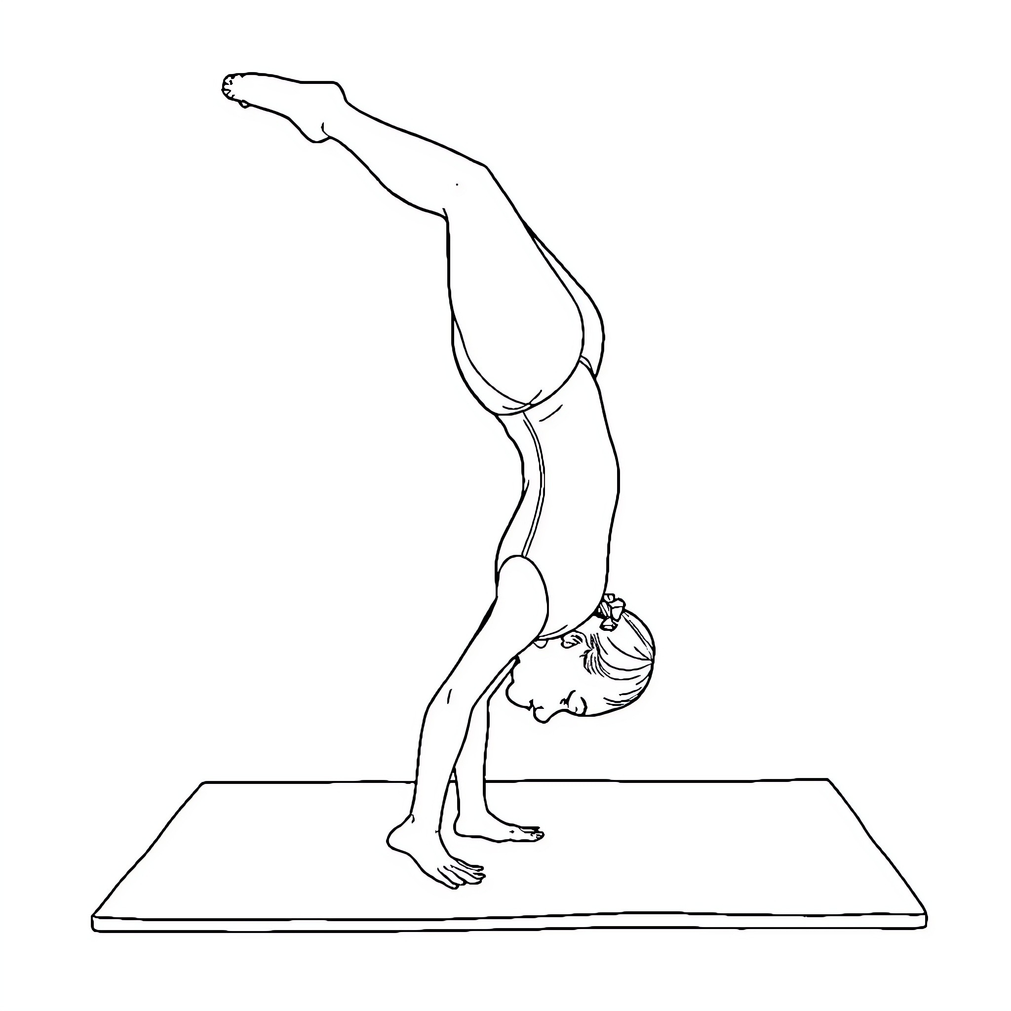 Gymnast performing flexibility exercise on platform Coloring Page (free black-and-white line drawing printable PDF for all, from beginners to advanced learners, including children, teens, adults, and seniors)