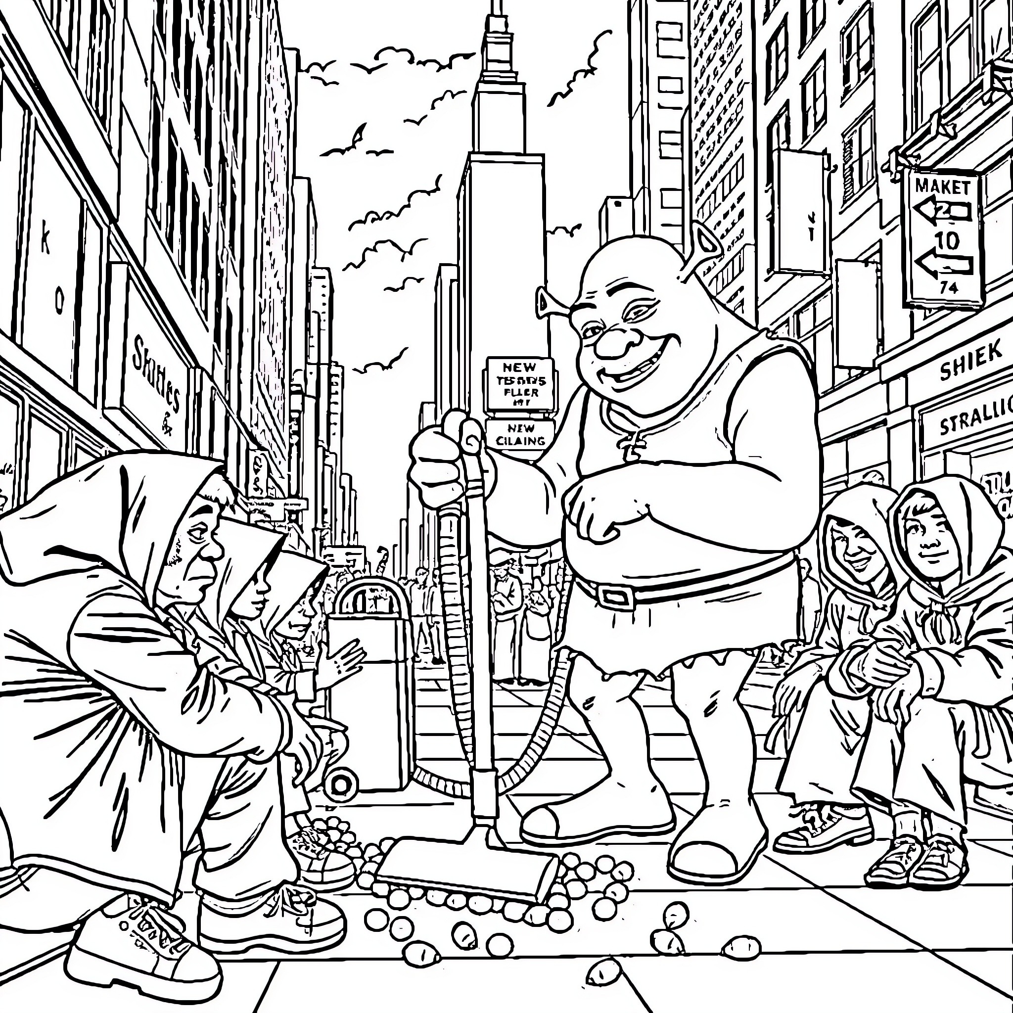 Shrek having a jolly time in the bustling city Coloring Page (free black-and-white line drawing printable PDF for all, from beginners to advanced learners, including children, teens, adults, and seniors)