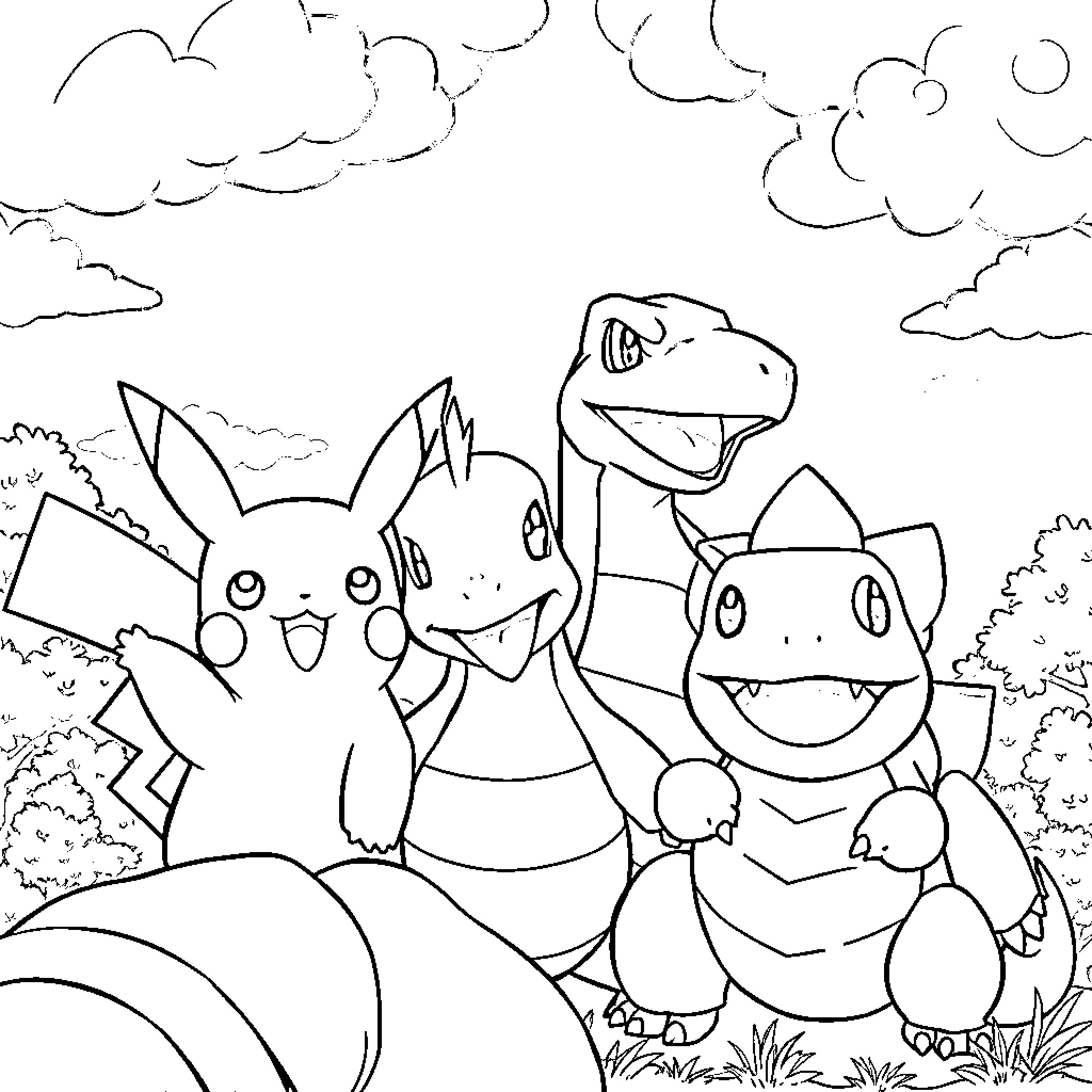 Pikachu and friends in a playful outdoor scene Coloring Page (free black-and-white line drawing printable PDF for all, from beginners to advanced learners, including children, teens, adults, and seniors)