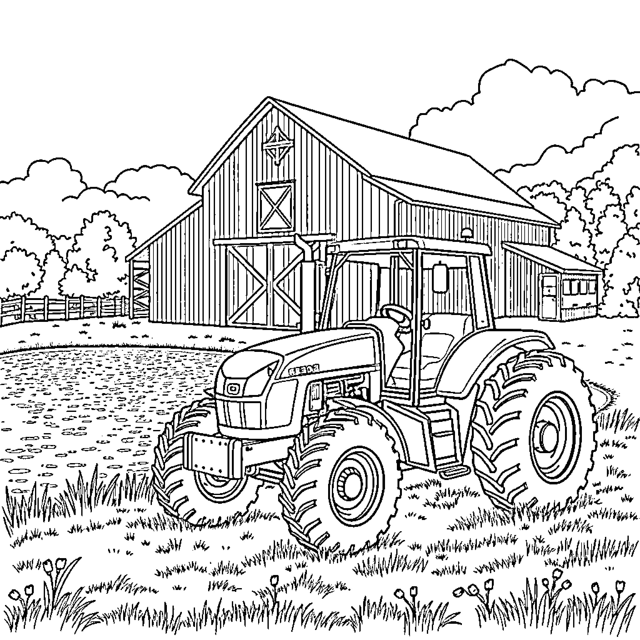 Tractor working on the farm near the barn Coloring Page (free black-and-white line drawing printable PDF for all, from beginners to advanced learners, including children, teens, adults, and seniors)