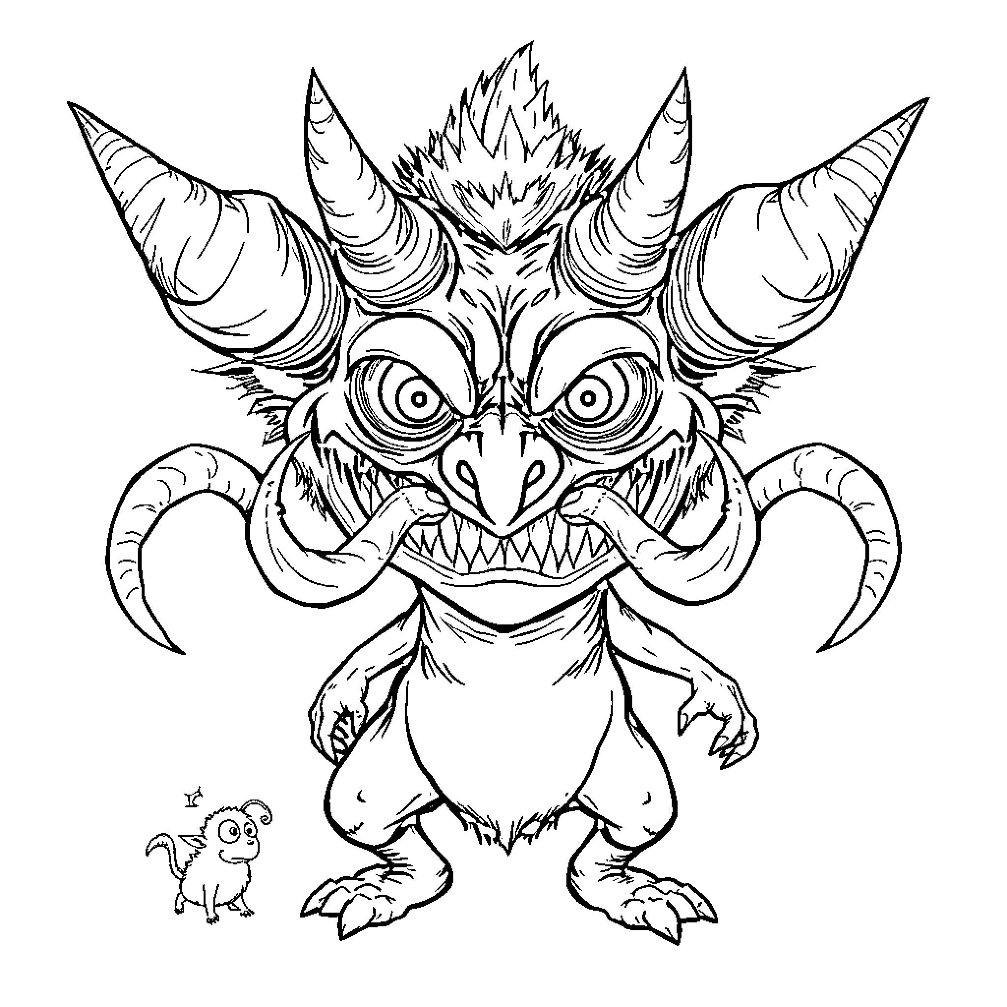 Monstre creature with menacing expression and fearsome appearance Coloring Page (free black-and-white line drawing printable PDF for all, from beginners to advanced learners, including children, teens, adults, and seniors)