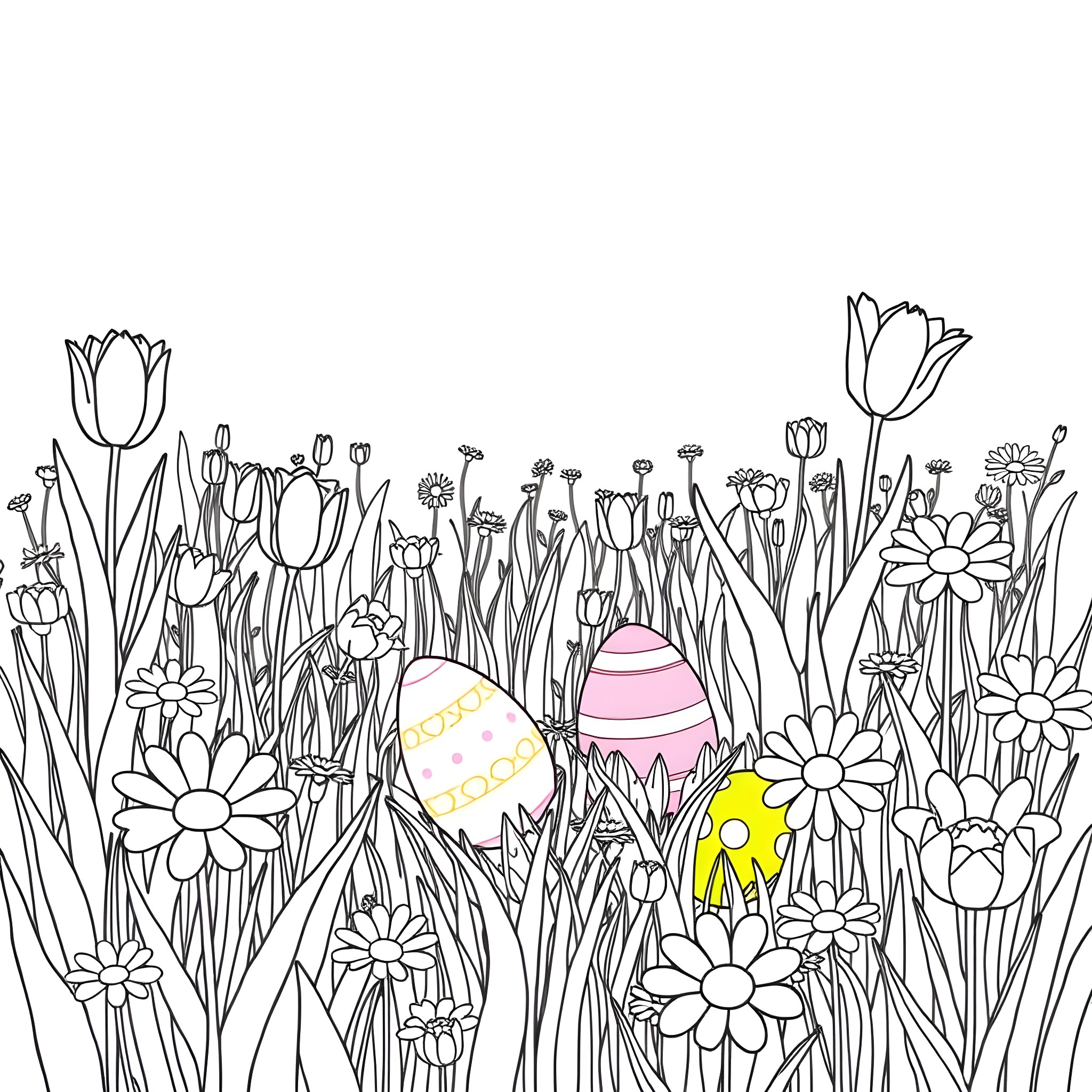 Flower Garden with Easter Eggs Coloring Page (free black-and-white line drawing printable PDF for all, from beginners to advanced learners, including children, teens, adults, and seniors)