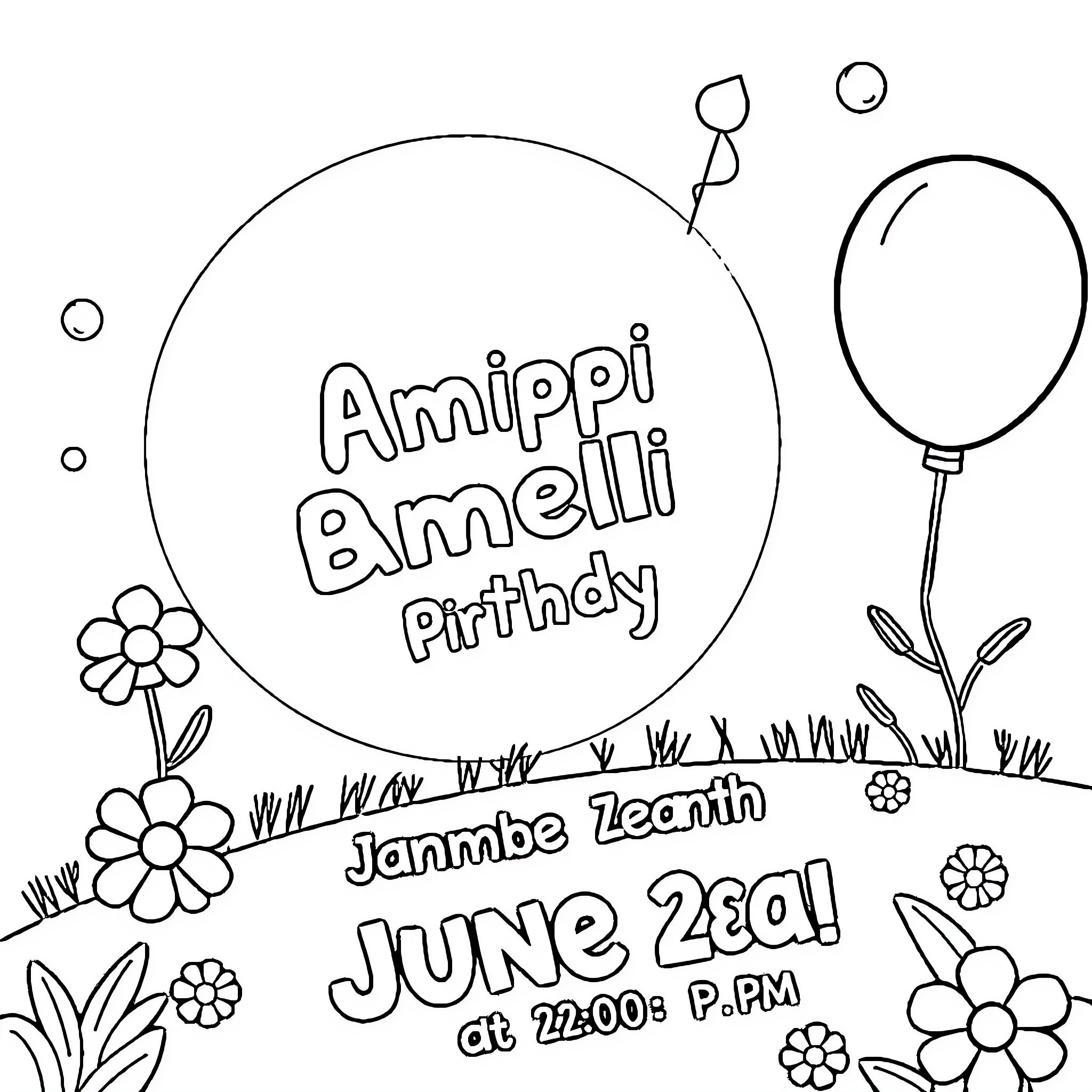 Blippi celebrating Amippi Amelli's birthday party Coloring Page (free black-and-white line drawing printable PDF for all, from beginners to advanced learners, including children, teens, adults, and seniors)