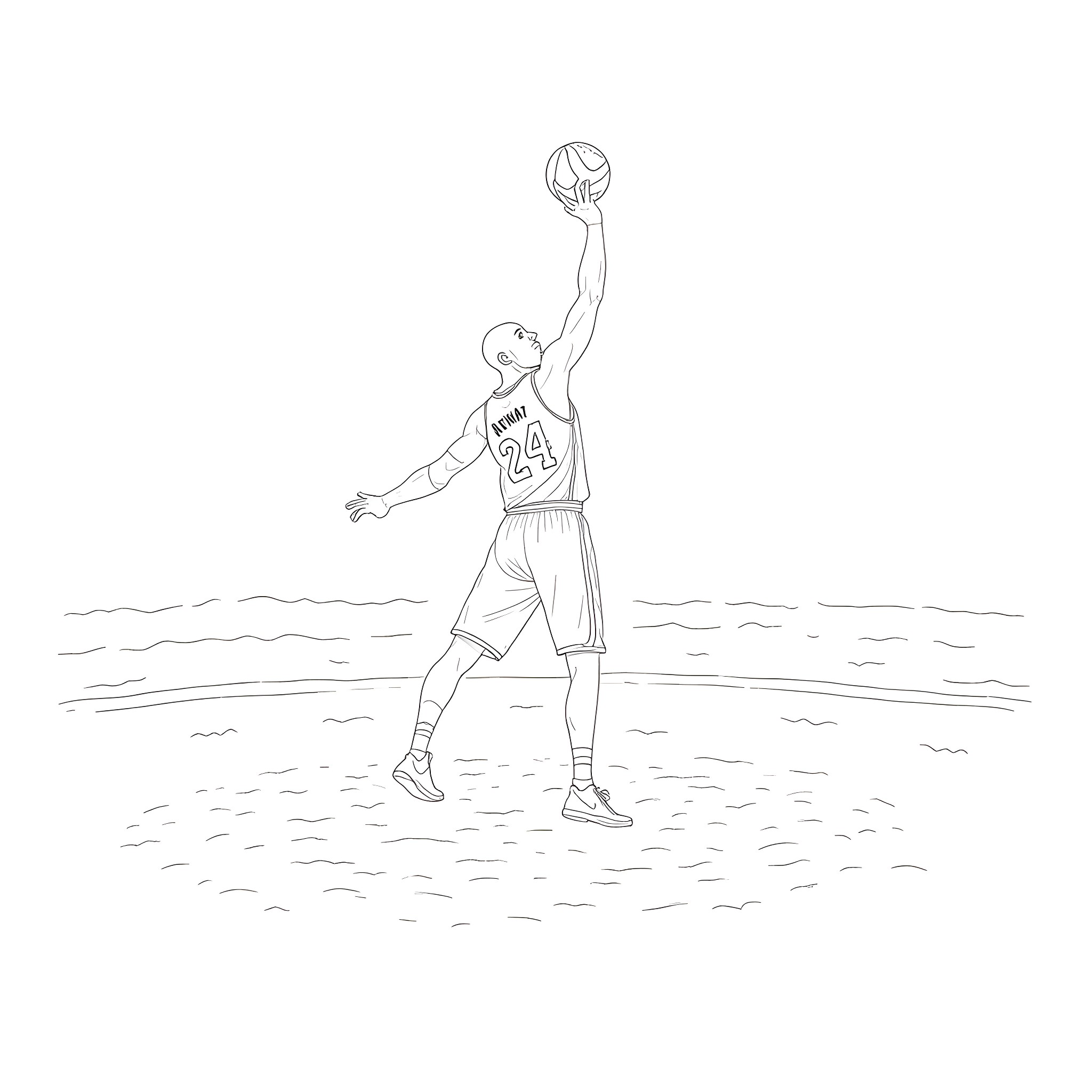 Kobe Bryant in mid-air basketball shot Coloring Page (free black-and-white line drawing printable PDF for all, from beginners to advanced learners, including children, teens, adults, and seniors)