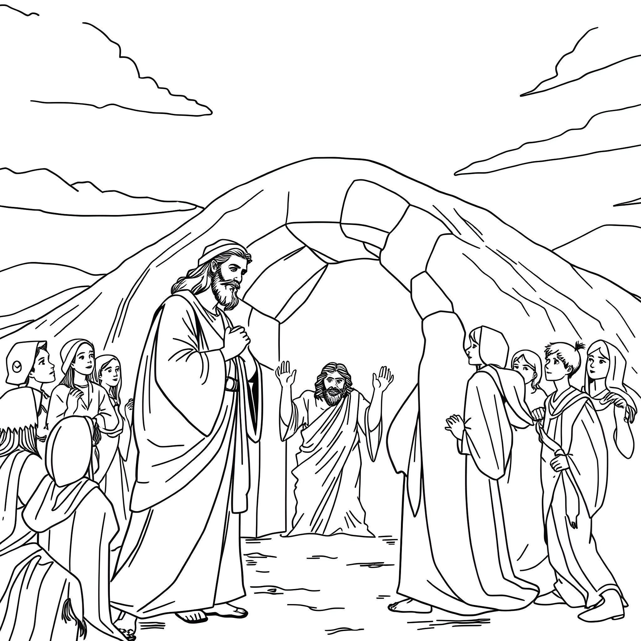 Jesus preaching to a crowd in the mountains Coloring Page (free black-and-white line drawing printable PDF for all, from beginners to advanced learners, including children, teens, adults, and seniors)