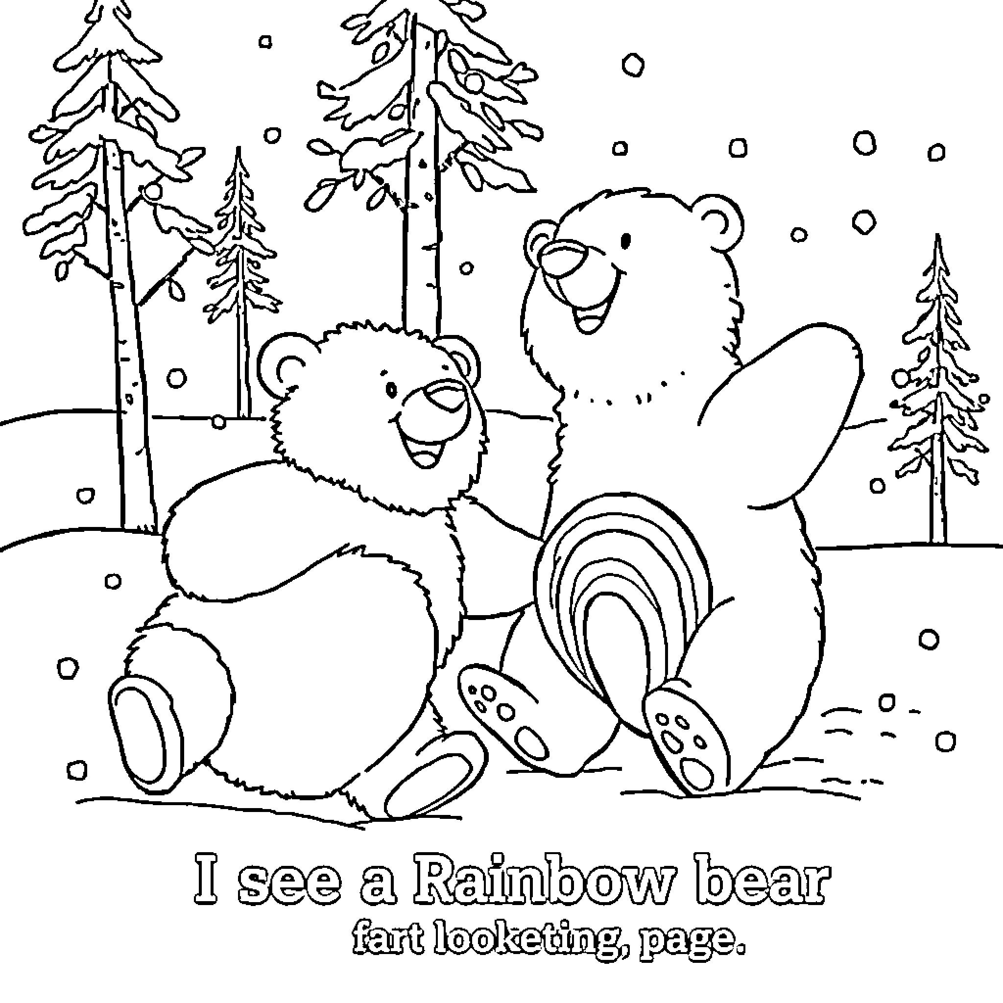 Bears playing in the snowy forest Coloring Page (free black-and-white line drawing printable PDF for all, from beginners to advanced learners, including children, teens, adults, and seniors)