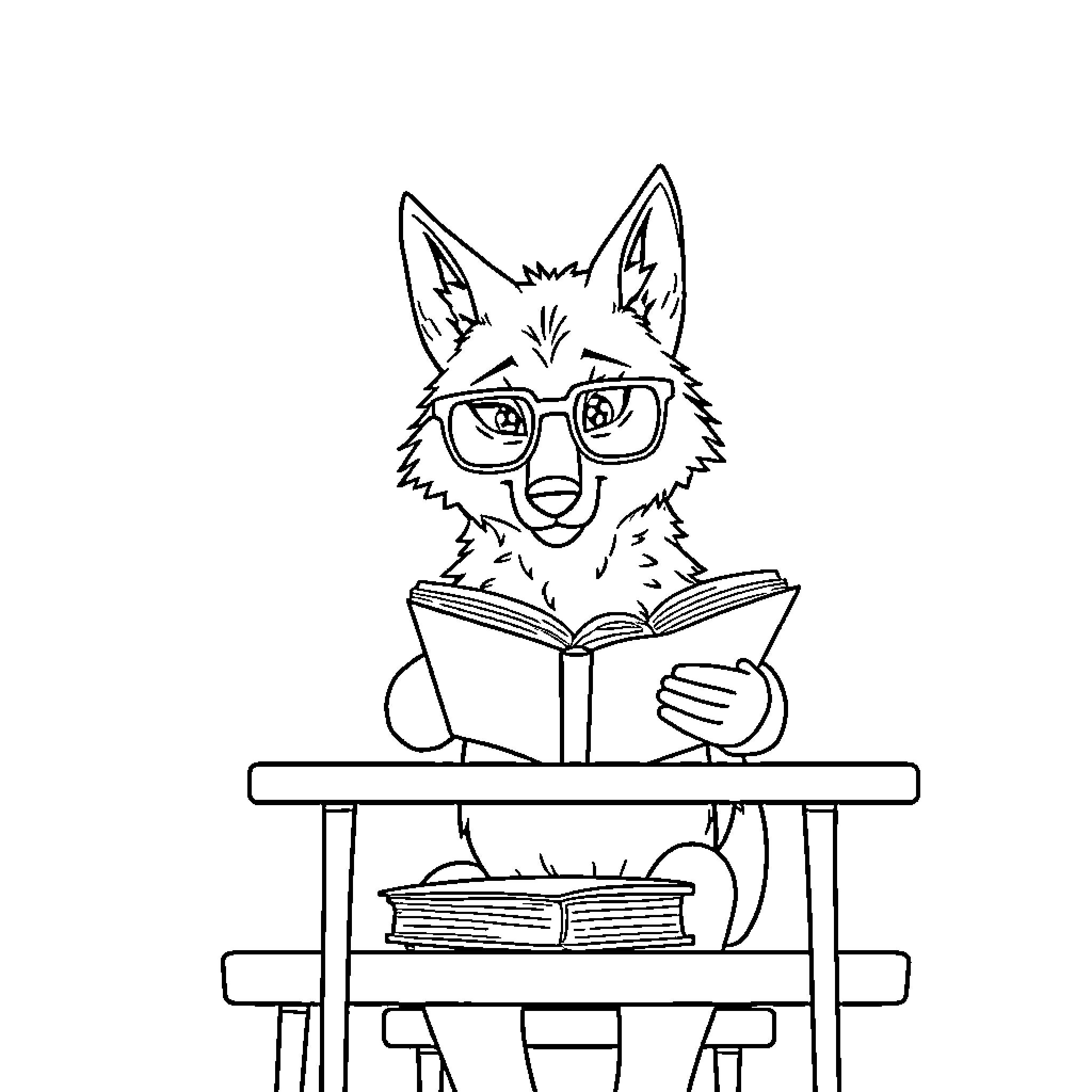 Wolf reading a book on the desk Coloring Page (free black-and-white line drawing printable PDF for all, from beginners to advanced learners, including children, teens, adults, and seniors)