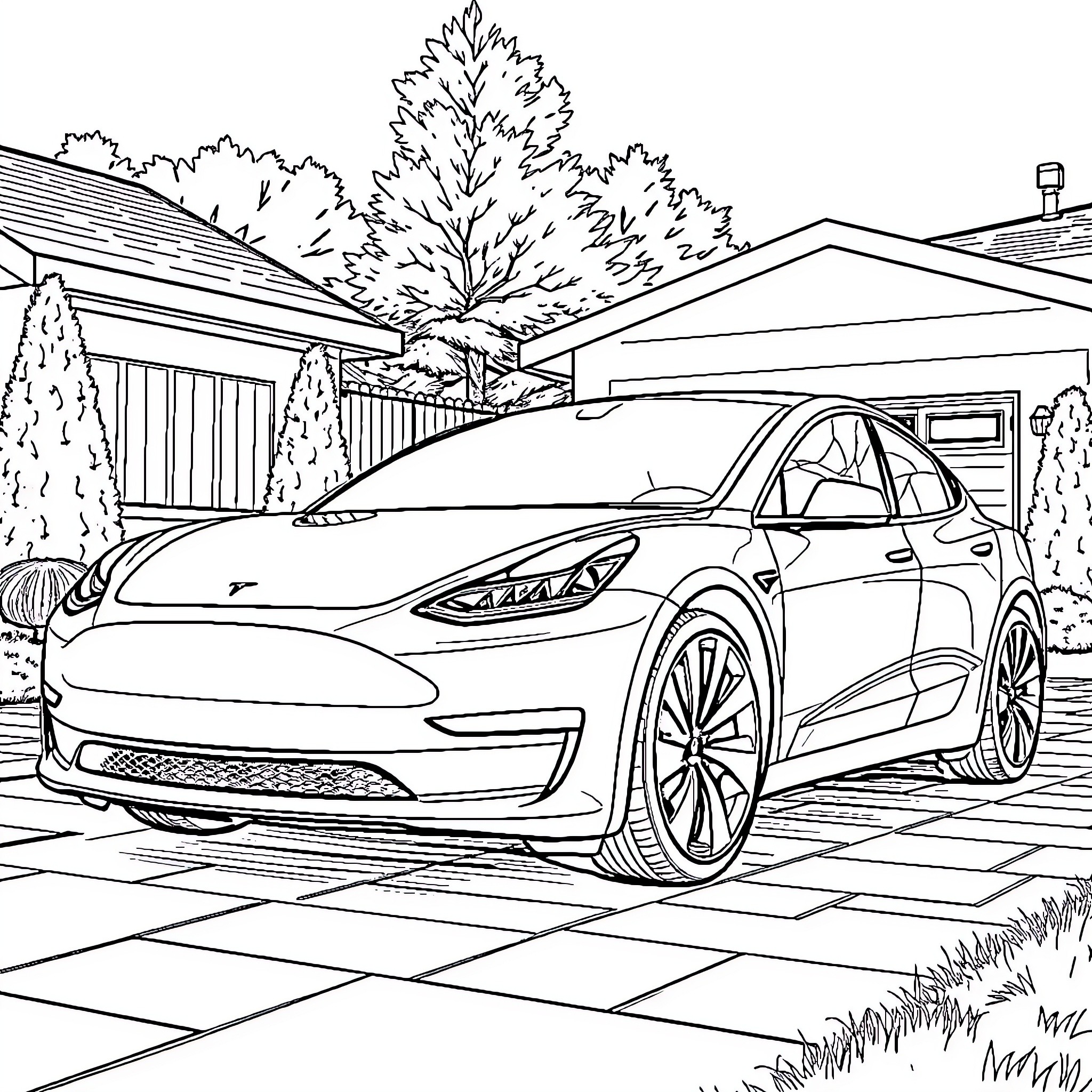Tesla Model Y parked in a driveway Coloring Page (free black-and-white line drawing printable PDF for all, from beginners to advanced learners, including children, teens, adults, and seniors)