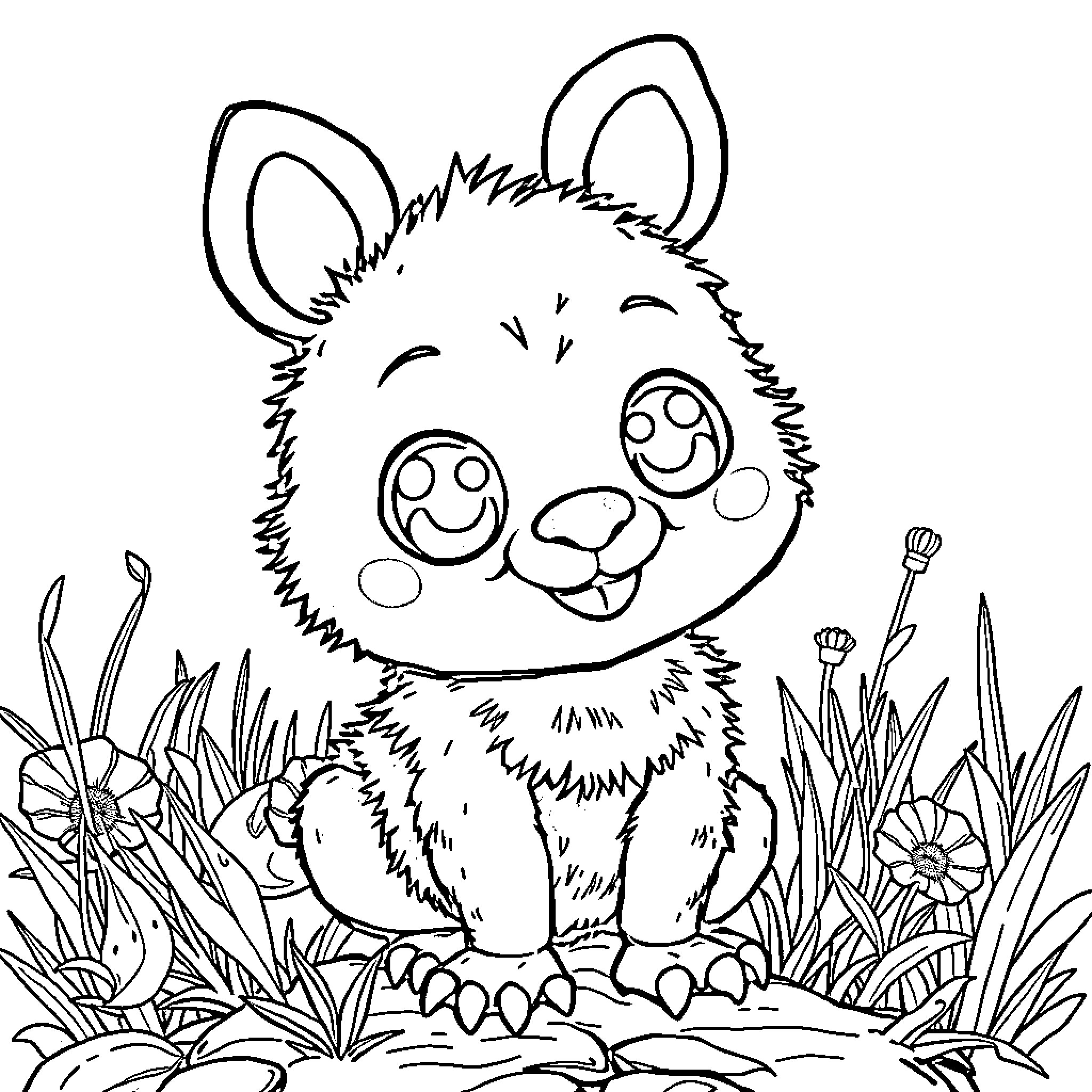 Labubu's Playful Adventure in the Meadow Coloring Page (free black-and-white line drawing printable PDF for all, from beginners to advanced learners, including children, teens, adults, and seniors)