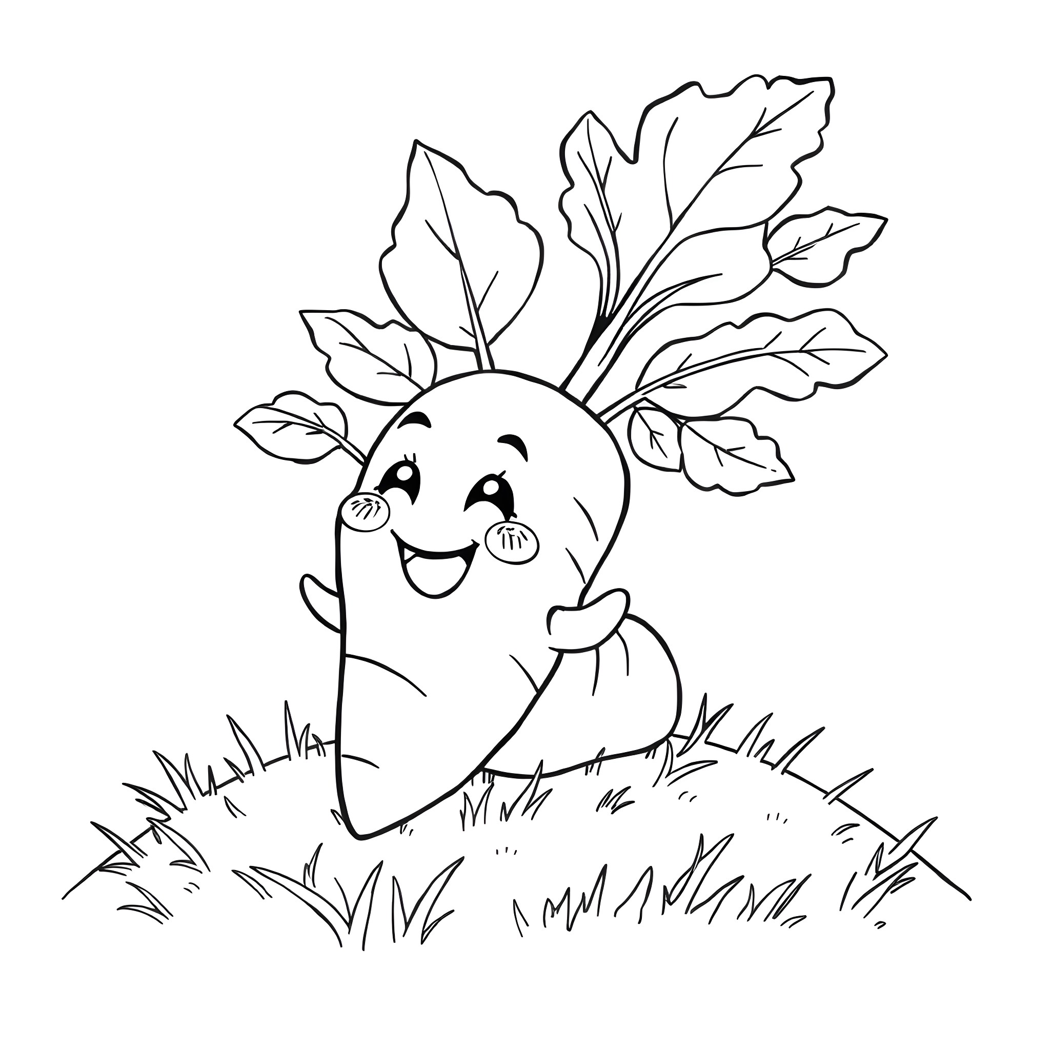 Carrot smiling happily in the grass Coloring Page (free black-and-white line drawing printable PDF for all, from beginners to advanced learners, including children, teens, adults, and seniors)