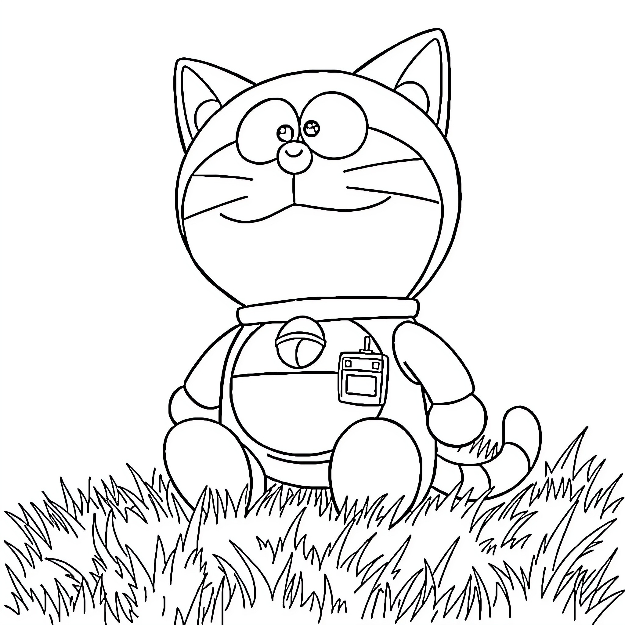 Doraemon sitting happily in the grass Coloring Page (free black-and-white line drawing printable PDF for all, from beginners to advanced learners, including children, teens, adults, and seniors)
