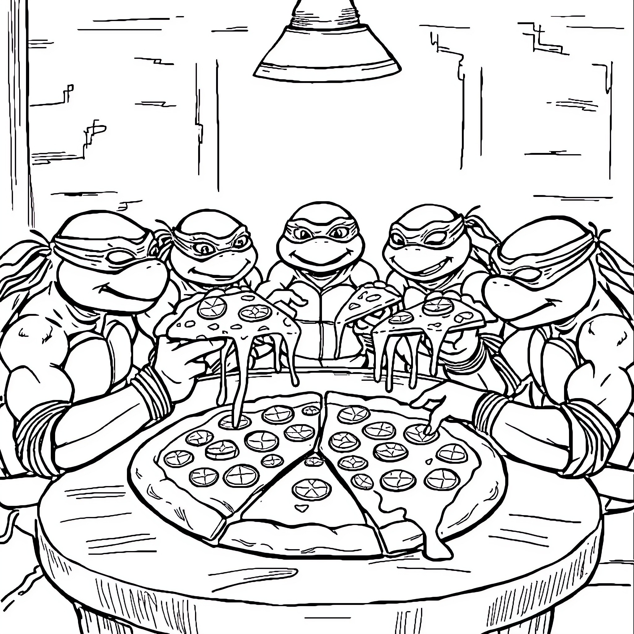 Ninja Turtles enjoying a pizza party Coloring Page (free black-and-white line drawing printable PDF for all, from beginners to advanced learners, including children, teens, adults, and seniors)