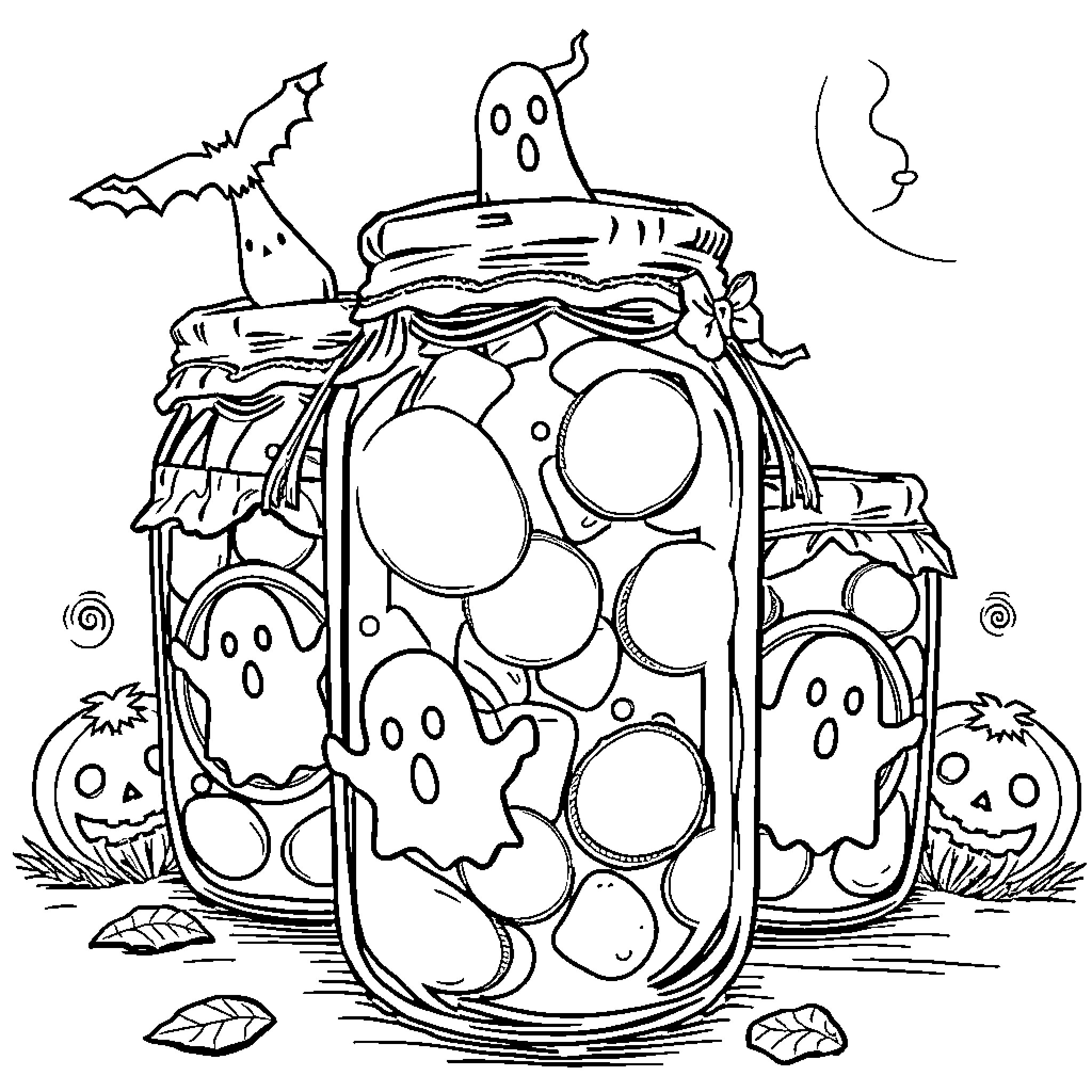 Pickle Jar of Spooky Halloween Treats Coloring Page (free black-and-white line drawing printable PDF for all, from beginners to advanced learners, including children, teens, adults, and seniors)