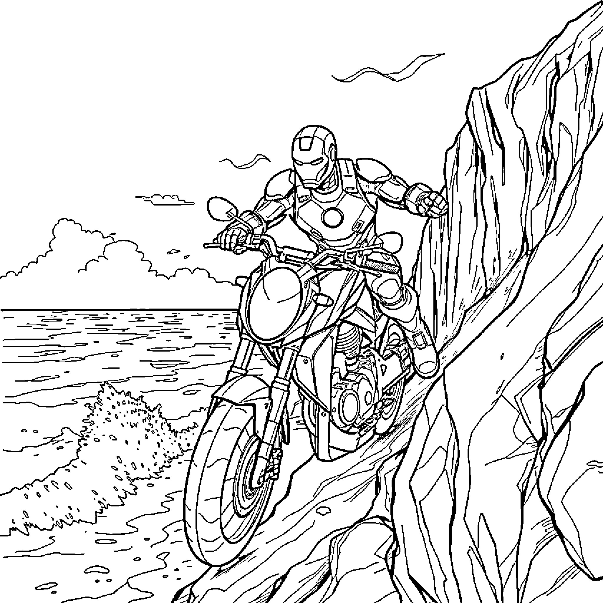 Ironman riding a motorcycle on a rocky cliff Coloring Page (free black-and-white line drawing printable PDF for all, from beginners to advanced learners, including children, teens, adults, and seniors)