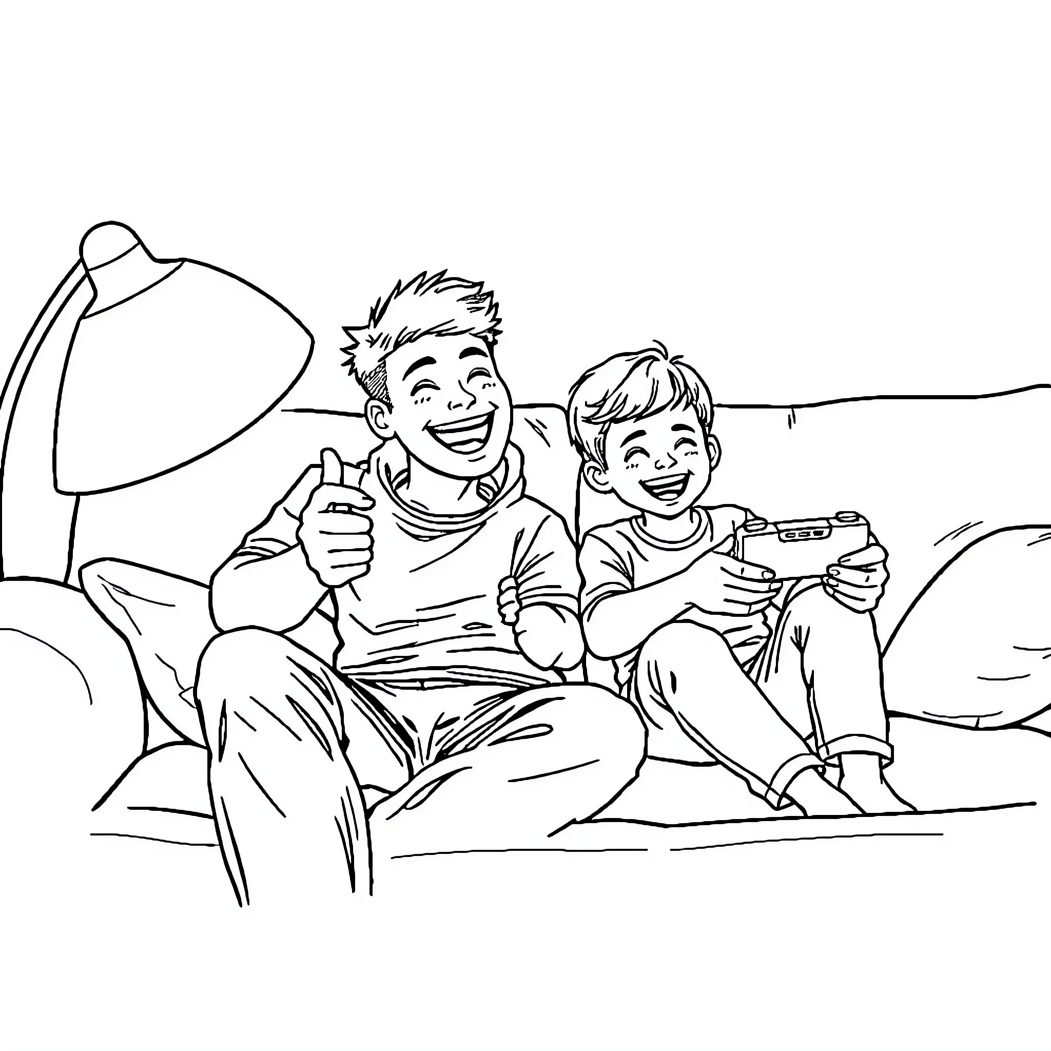 Father and Son Bonding Over Video Games Coloring Page (free black-and-white line drawing printable PDF for all, from beginners to advanced learners, including children, teens, adults, and seniors)