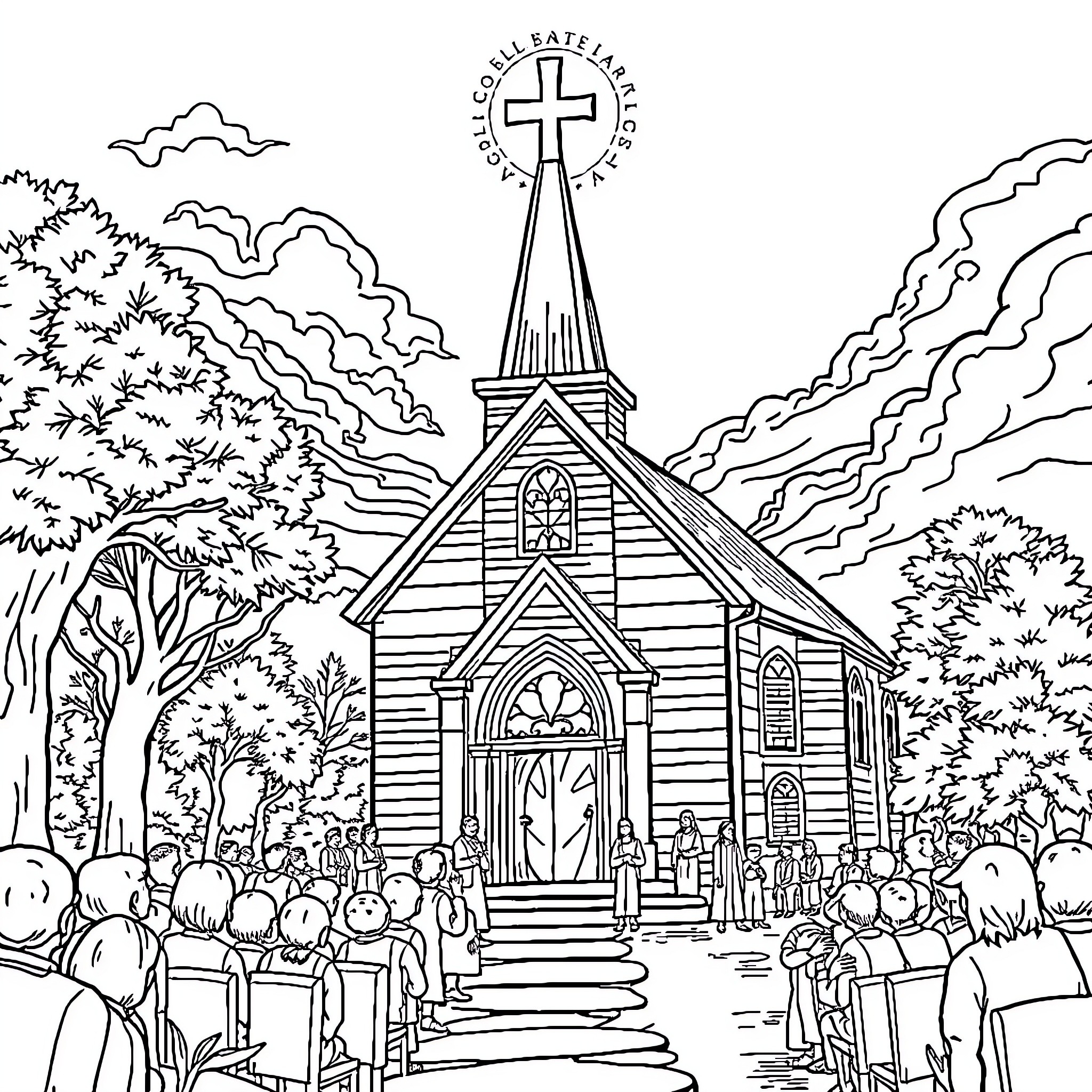 Church gathering in the scenic countryside Coloring Page (free black-and-white line drawing printable PDF for all, from beginners to advanced learners, including children, teens, adults, and seniors)