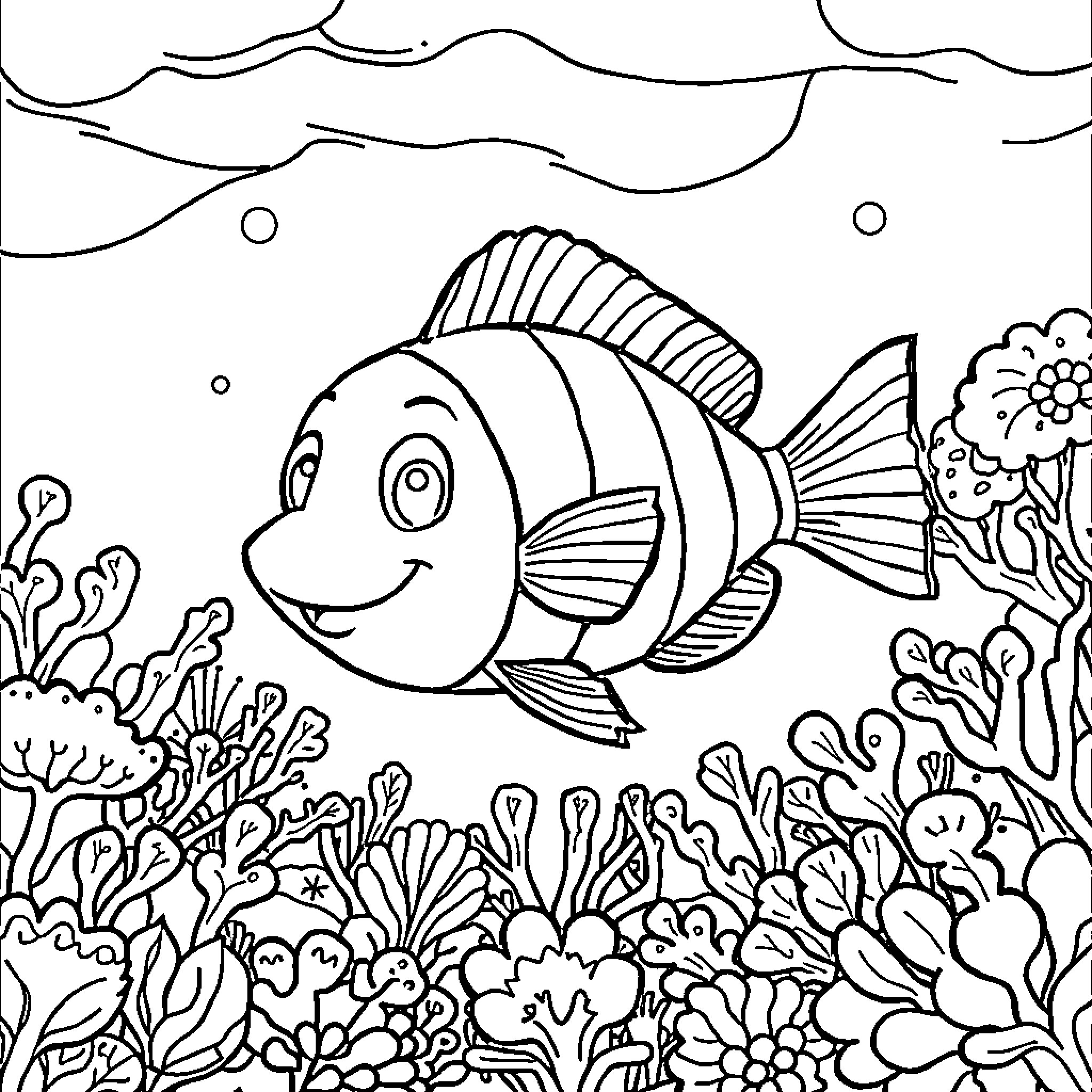 Fish swimming joyfully in a coral reef Coloring Page (free black-and-white line drawing printable PDF for all, from beginners to advanced learners, including children, teens, adults, and seniors)